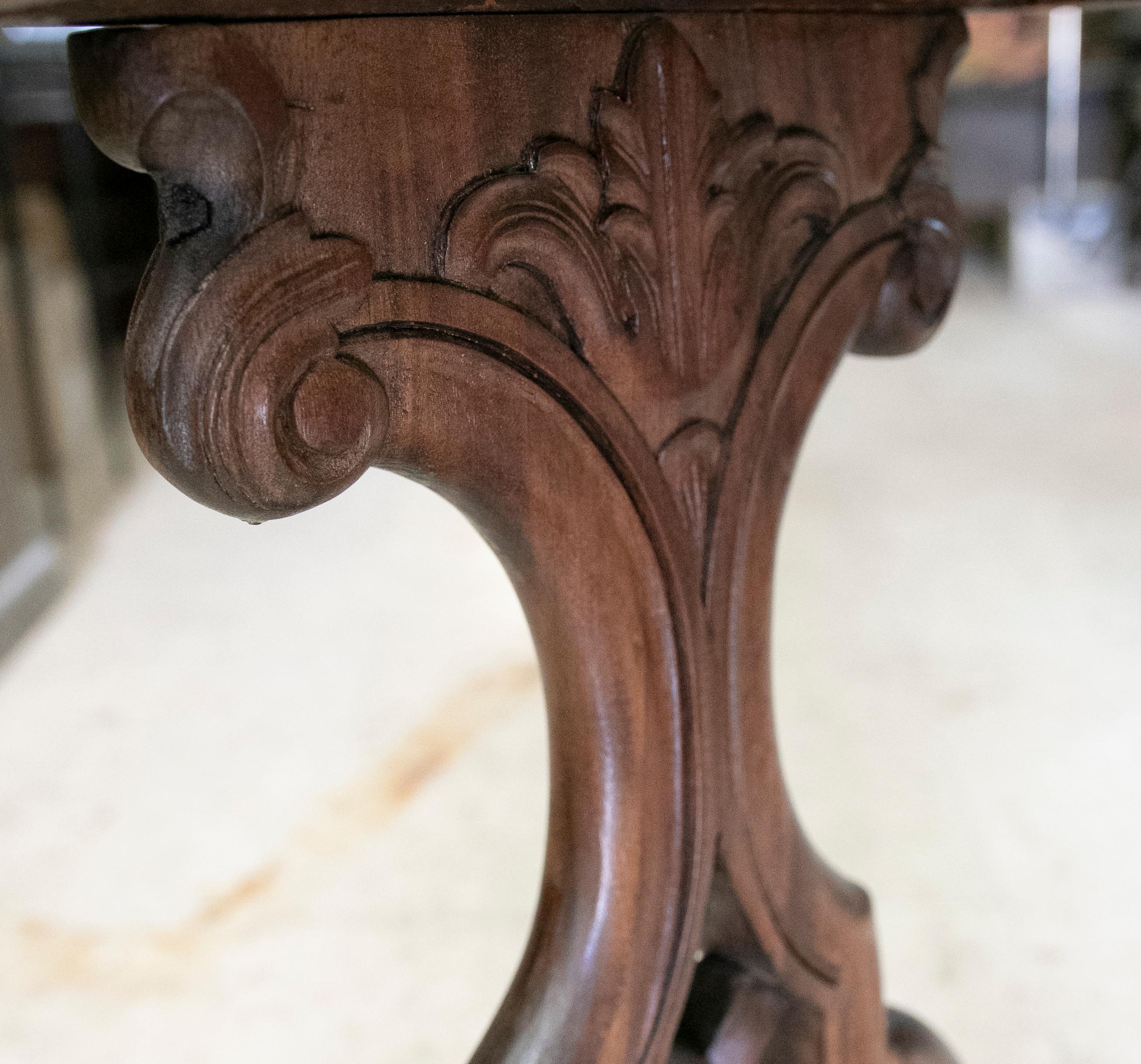 Handcarved Wooden Table with Inlaid Marble Top For Sale 5