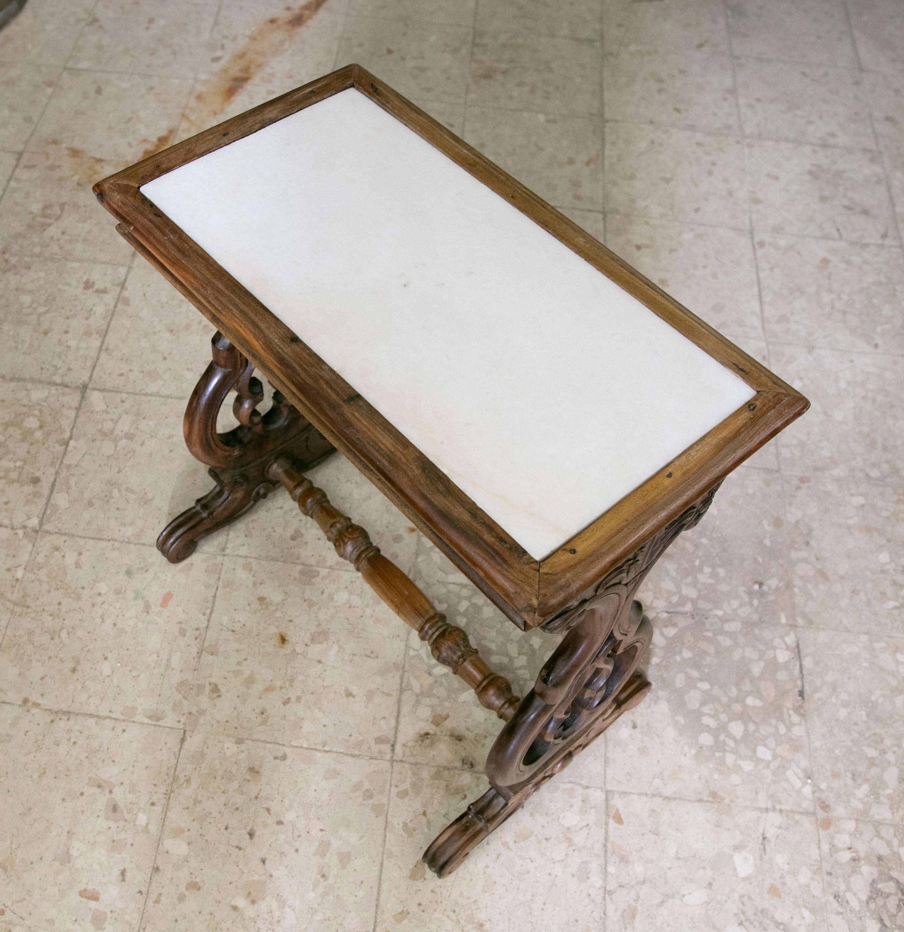 Handcarved Wooden Table with Inlaid Marble Top For Sale 9