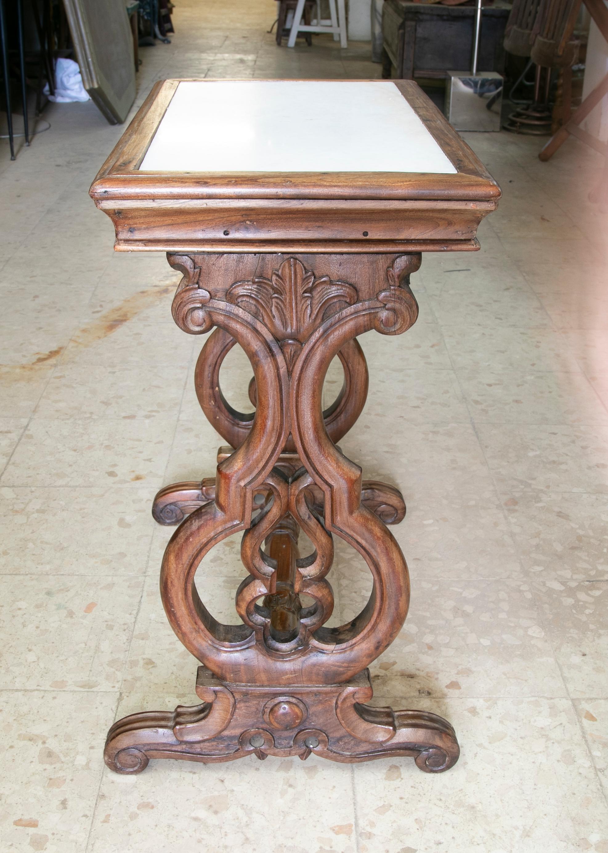 Handcarved Wooden Table with Inlaid Marble Top In Good Condition For Sale In Marbella, ES