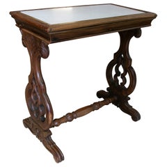 Handcarved Wooden Table with Inlaid Marble Top