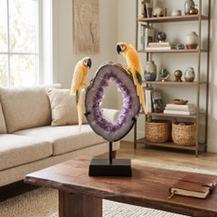 Handcarved Yellow Calcite Macaw Sculpture Natural Amethyst Geode Sculpture