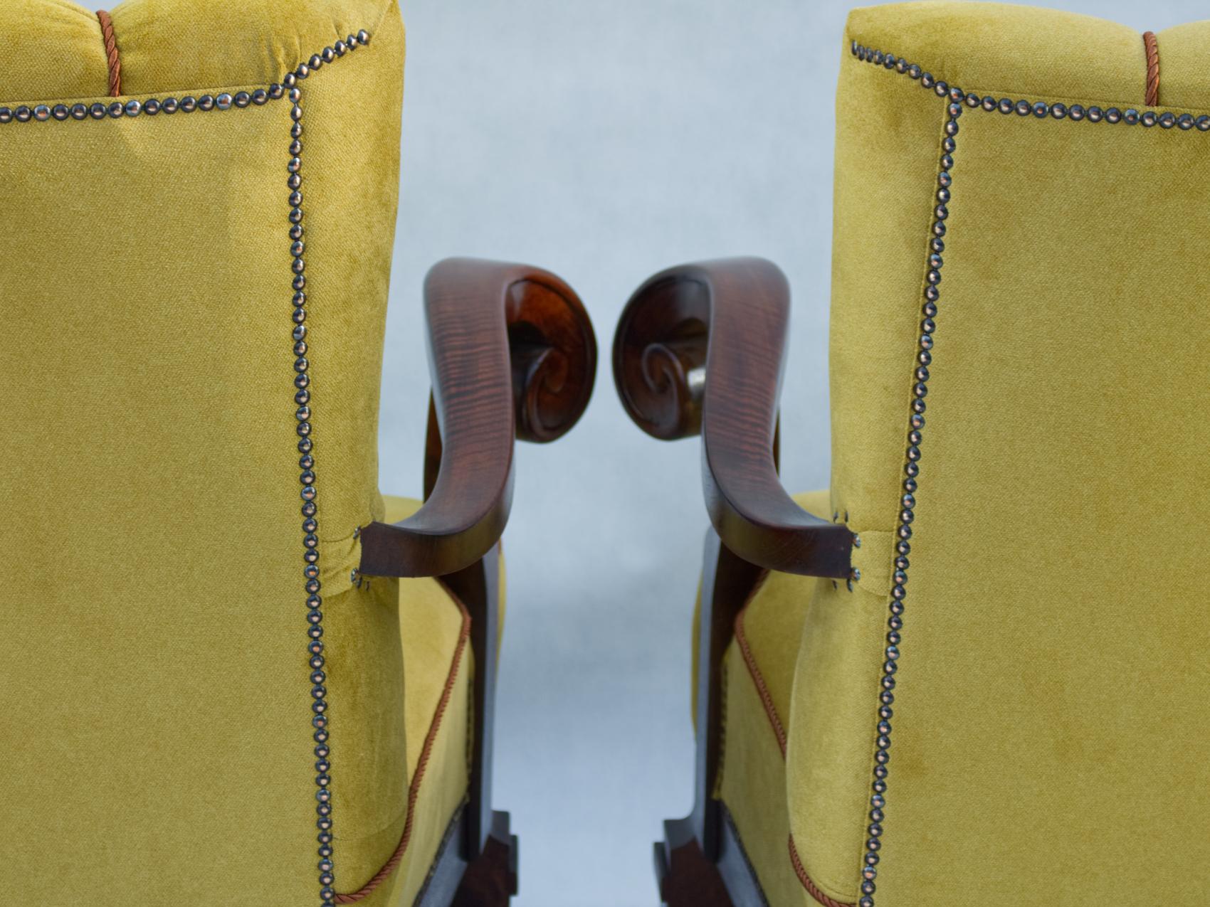 Hand Carved Walnut Art Nouveau Armchairs, circa 1920 3