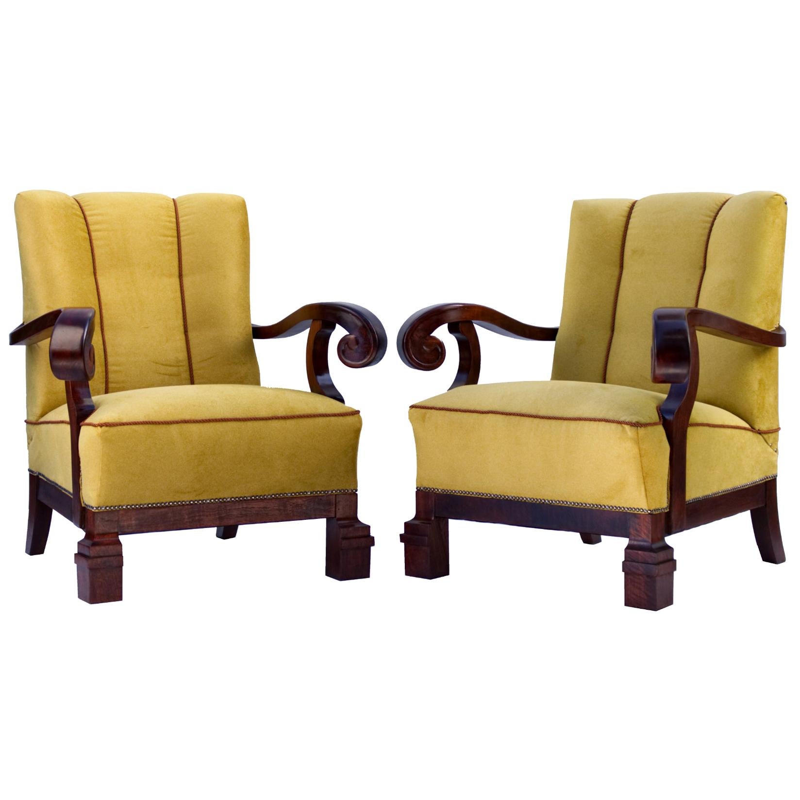 Hand Carved Walnut Art Nouveau Armchairs, circa 1920