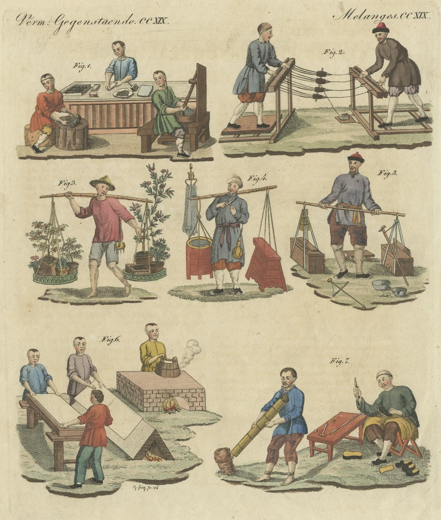 Antique print China titled 'Künste und Handwerke in China'. Beautiful print depicting the fabrication of ink, a ropemaker, a flower dealer, a hair dresser and many other arts and crafts. Originates from 'Bilderbuch für Kinder'.

Artists and