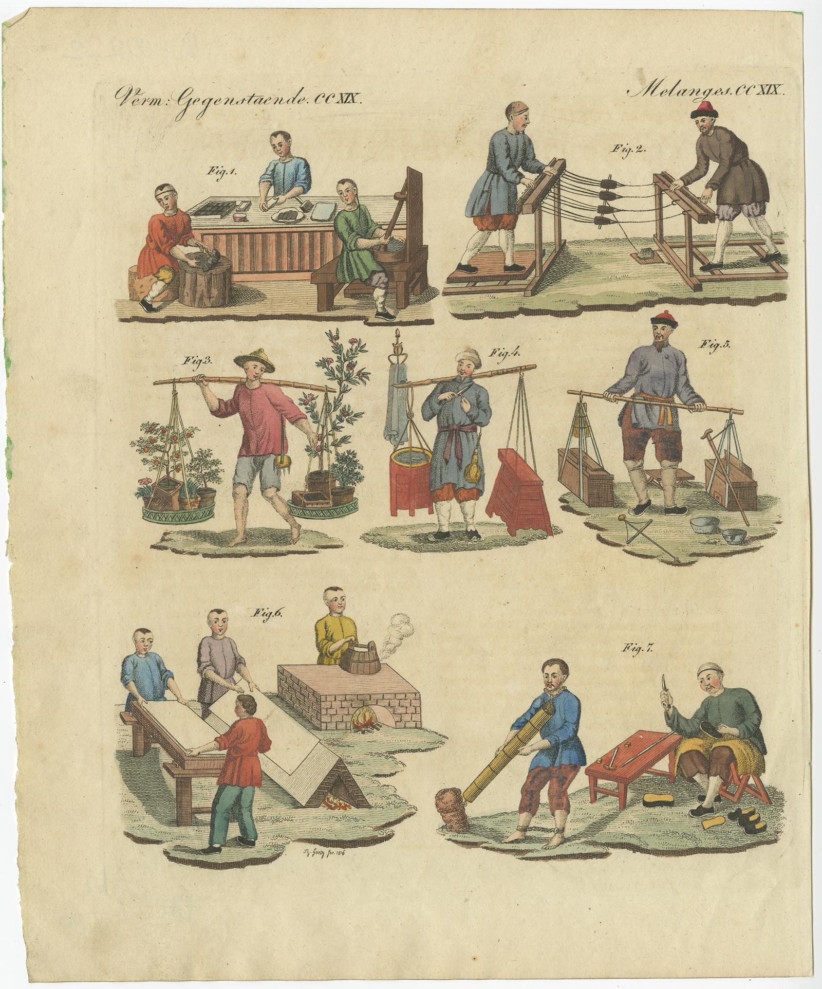 Handcolored Antique Print of Different Trades in China, 1800 In Good Condition For Sale In Langweer, NL