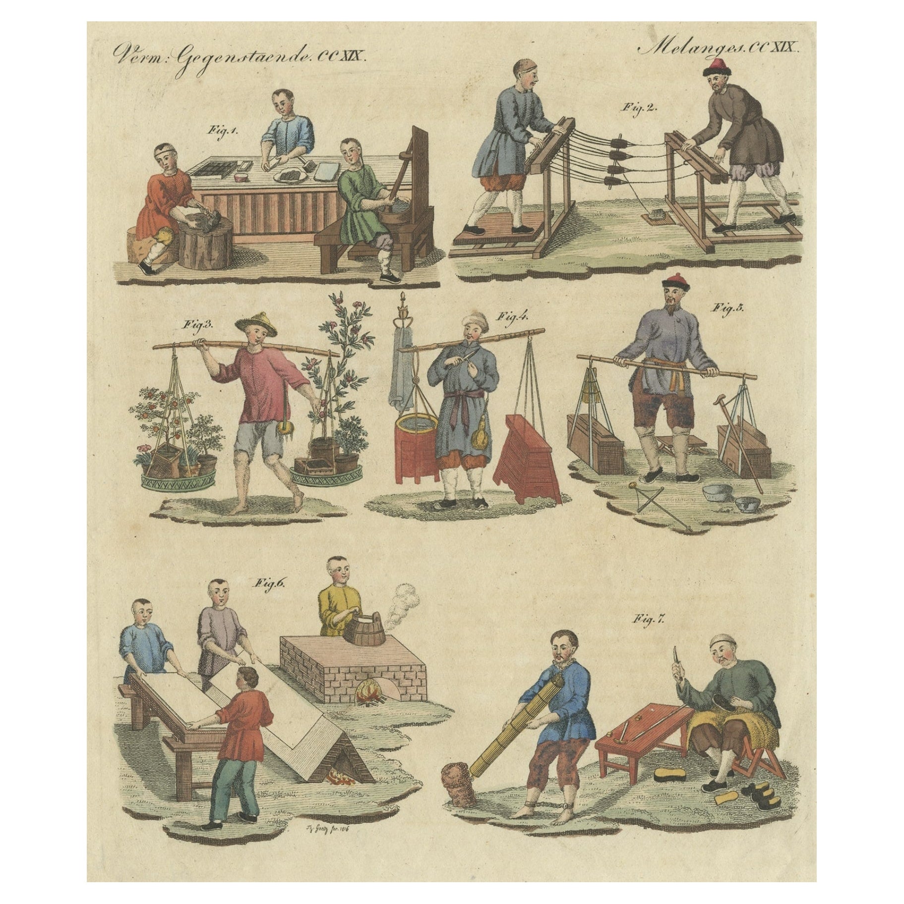 Stampa antica colorata a mano di diversi mestieri in Cina, 1800