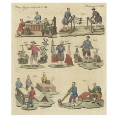 Stampa antica colorata a mano di diversi mestieri in Cina, 1800