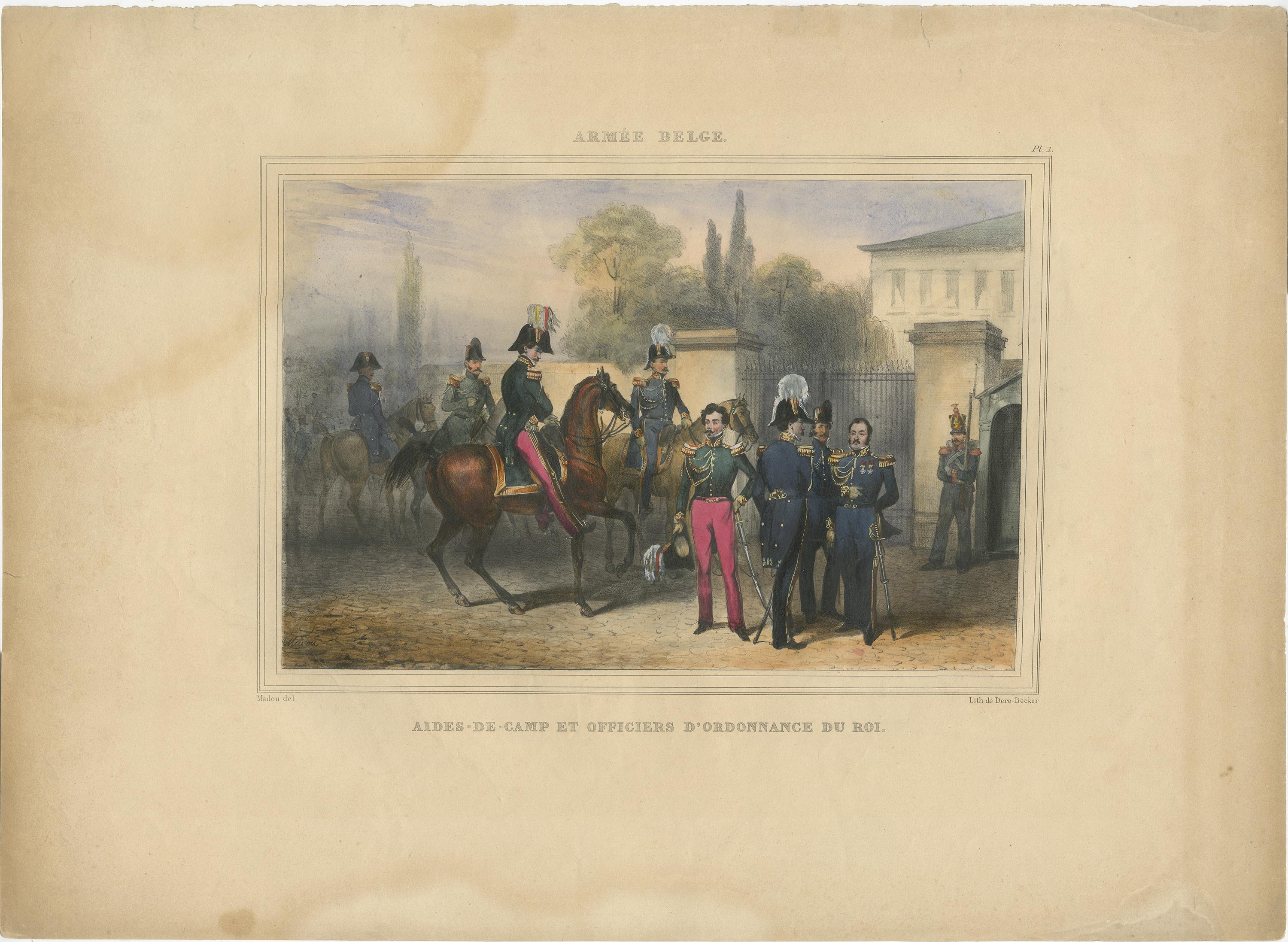 One nicely hand coloured print of an original serie of 23 plates, showing officers and soldiers discussing matters. published in 1833. Rare.

From a serie of beautiful lithographed plates with Belgian military costumes after Madou and printed by