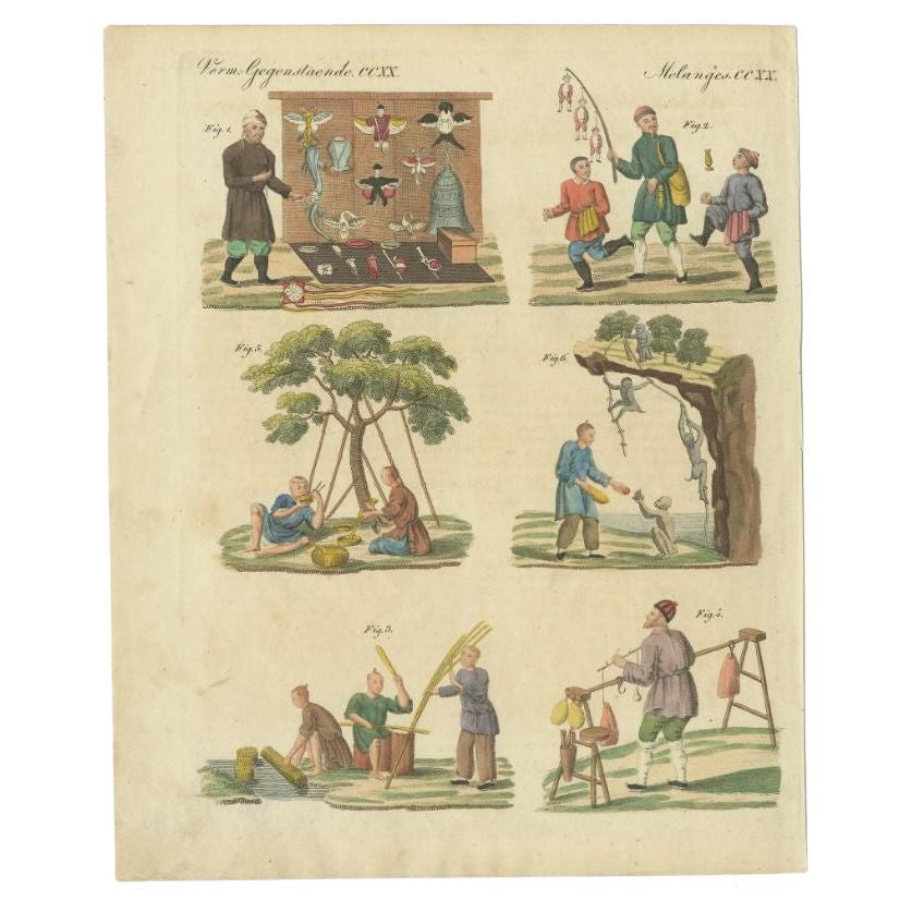 Handkolorierter antiker Druck von Verkaufskleidung und anderen Szenen in China, 1800 im Angebot