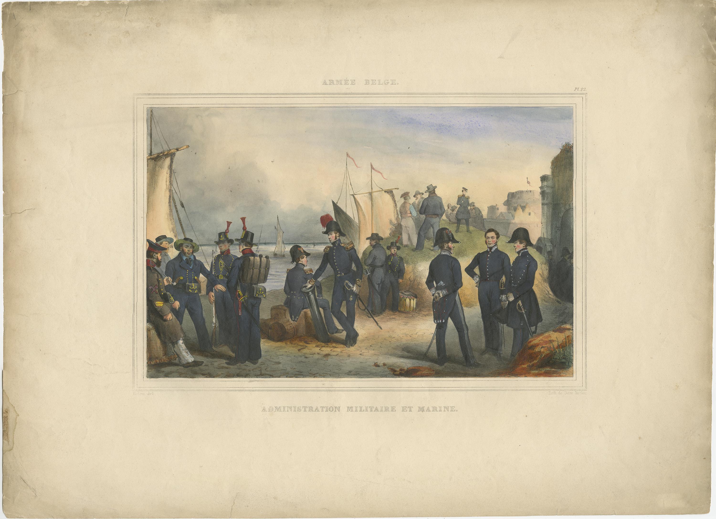 One nicely hand coloured print of an original serie of 23 plates, showing marine officers and soldiers discussing matters on the seaside. published in 1833. Rare.

From a serie of beautiful lithographed plates with Belgian military costumes after