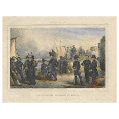 Impression ancienne colorée à la main de l'administration de la marine de l'armée belge, 1833