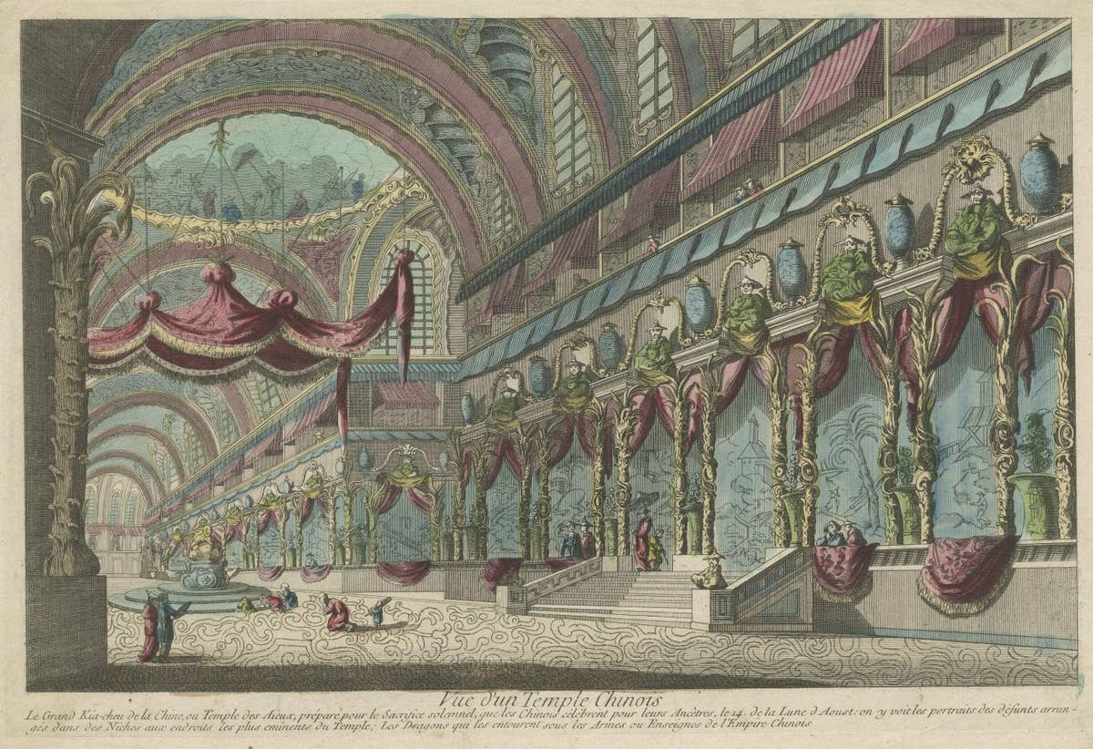 Handcolored Copperplate Engraving Showing a Perspective View of a Chinese Temple