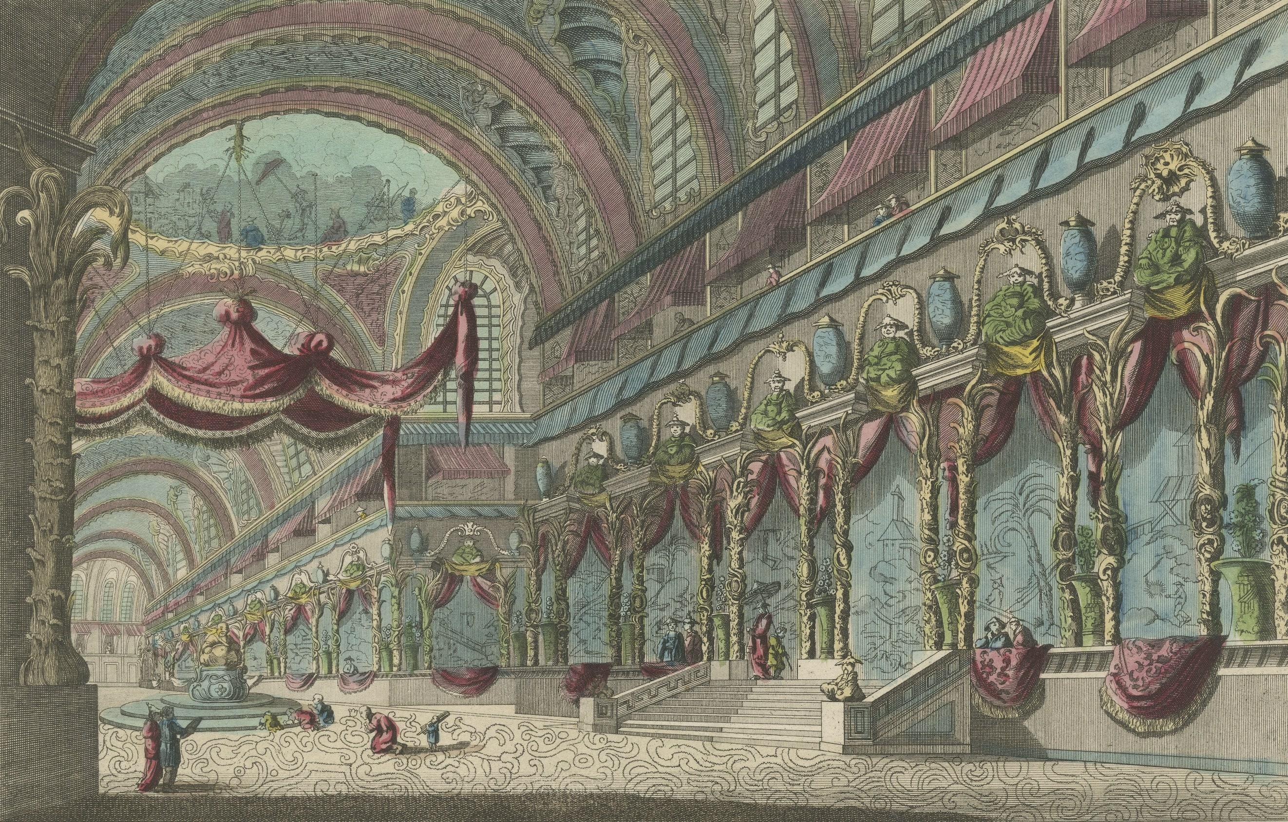Handcolored Copperplate Engraving Showing a Perspective View of a Chinese Temple In Good Condition For Sale In Langweer, NL