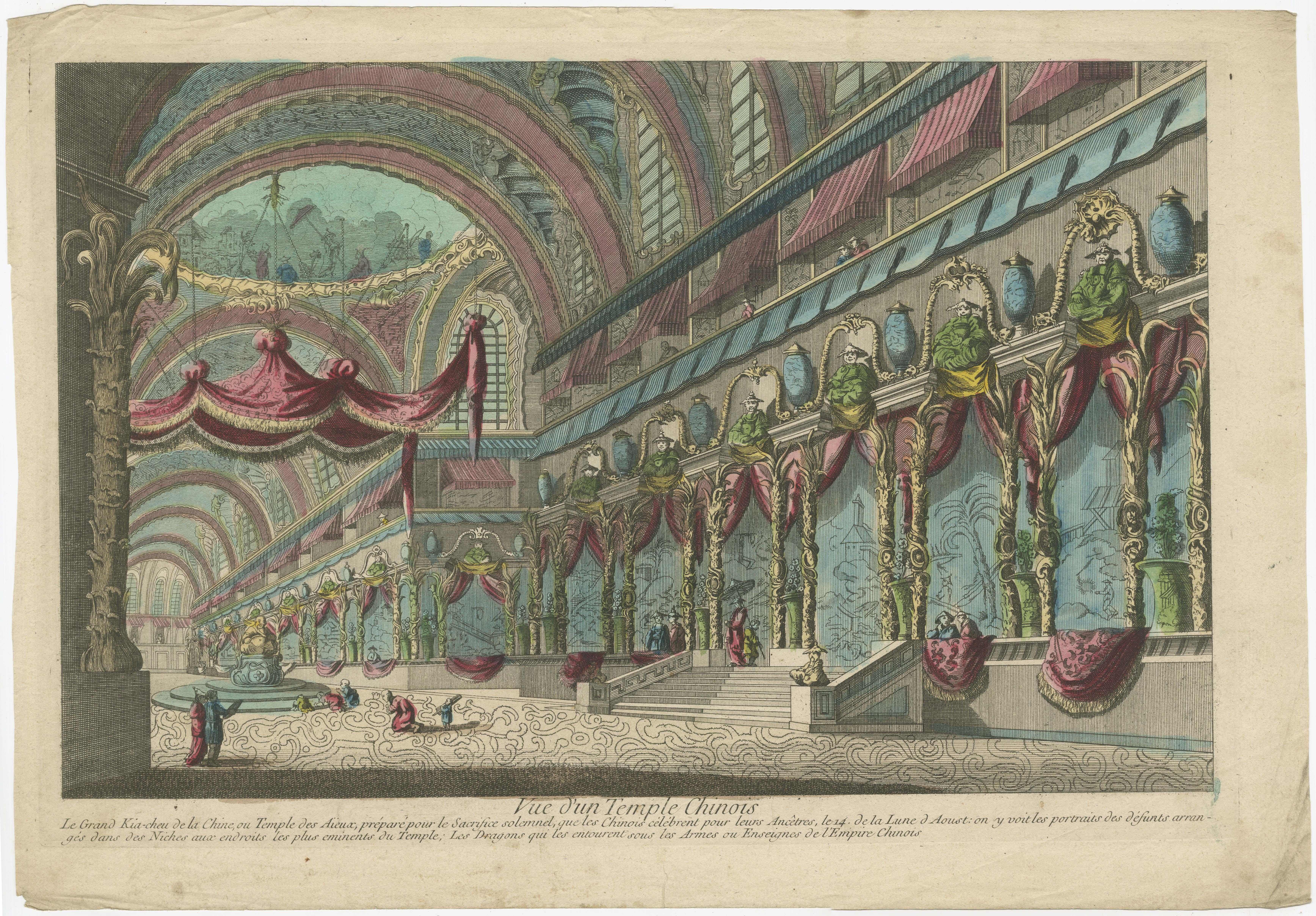 18th Century Handcolored Copperplate Engraving Showing a Perspective View of a Chinese Temple For Sale