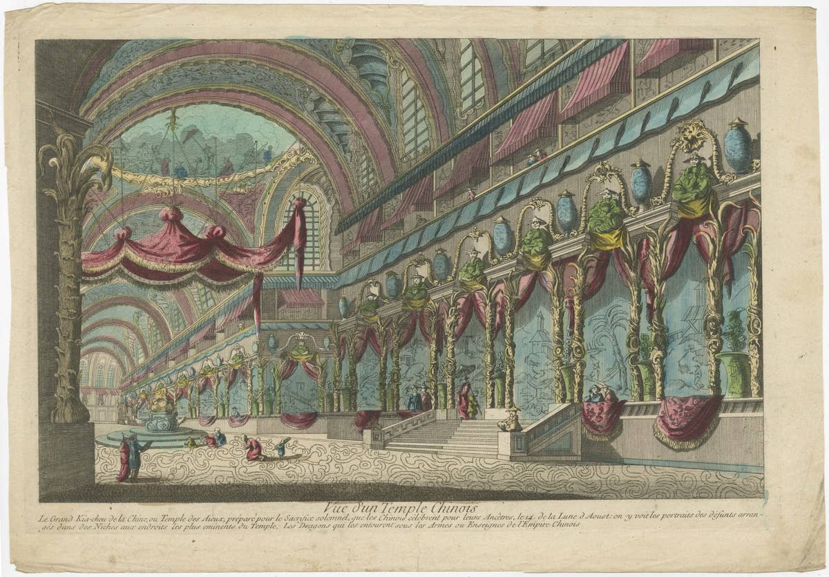 Handcolored Copperplate Engraving Showing a Perspective View of a Chinese Temple