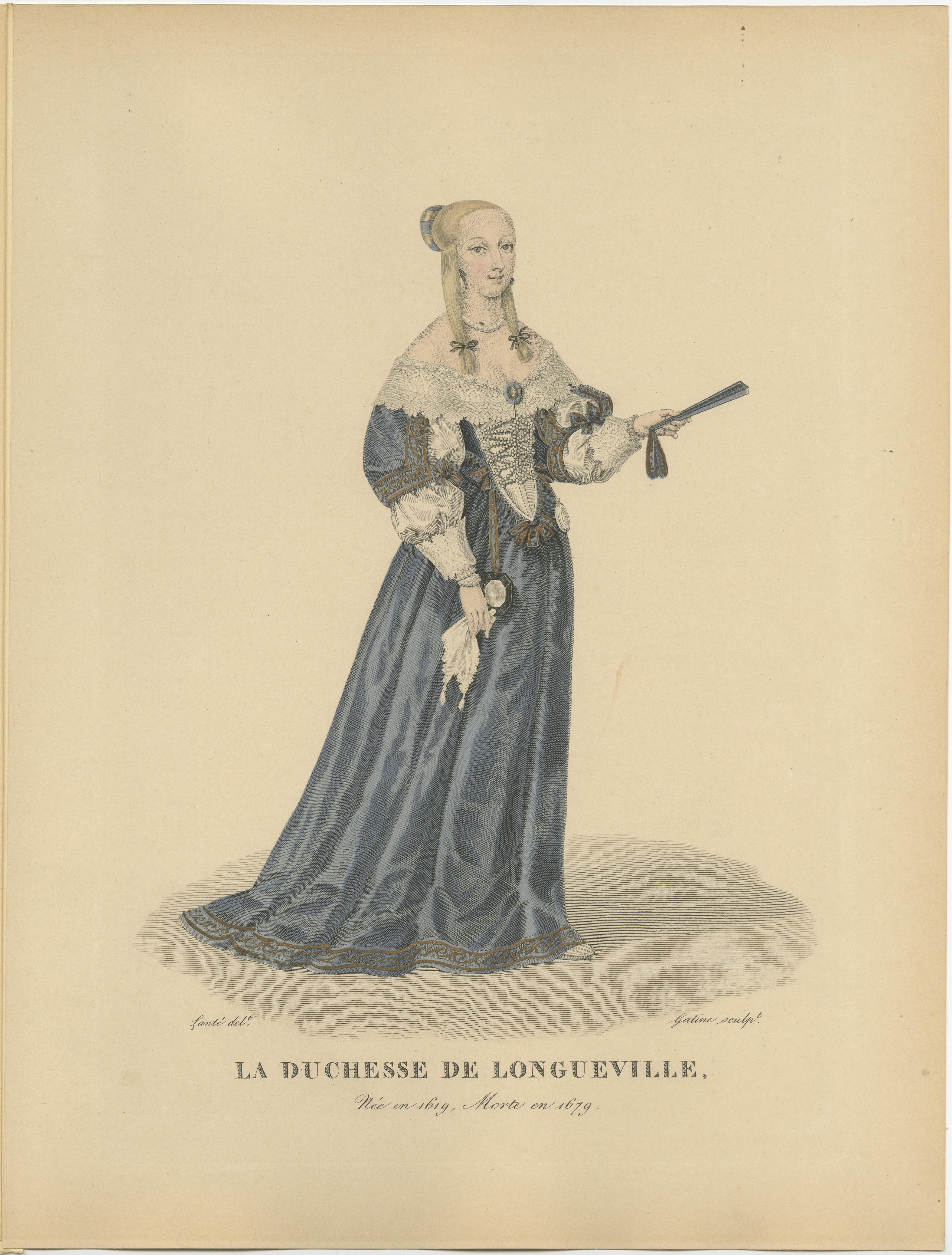 20th Century Handcolored Engraving of Anne-Geneviève de Bourbon- Duchess of Longueville, 1900 For Sale