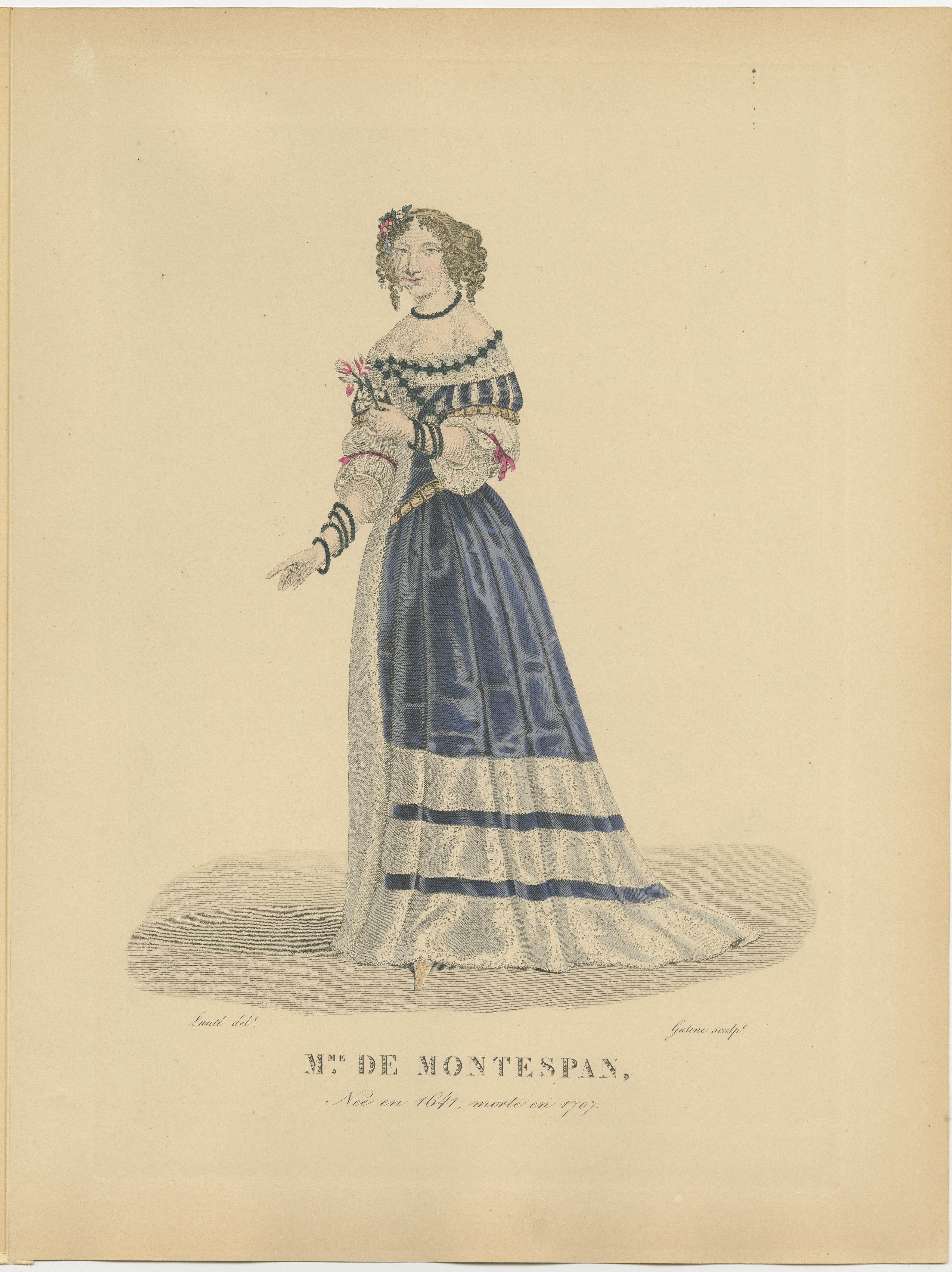 20ième siècle Gravure colorée à la main de Franoise Athnas de Rochechouart, Madame de Montespan en vente
