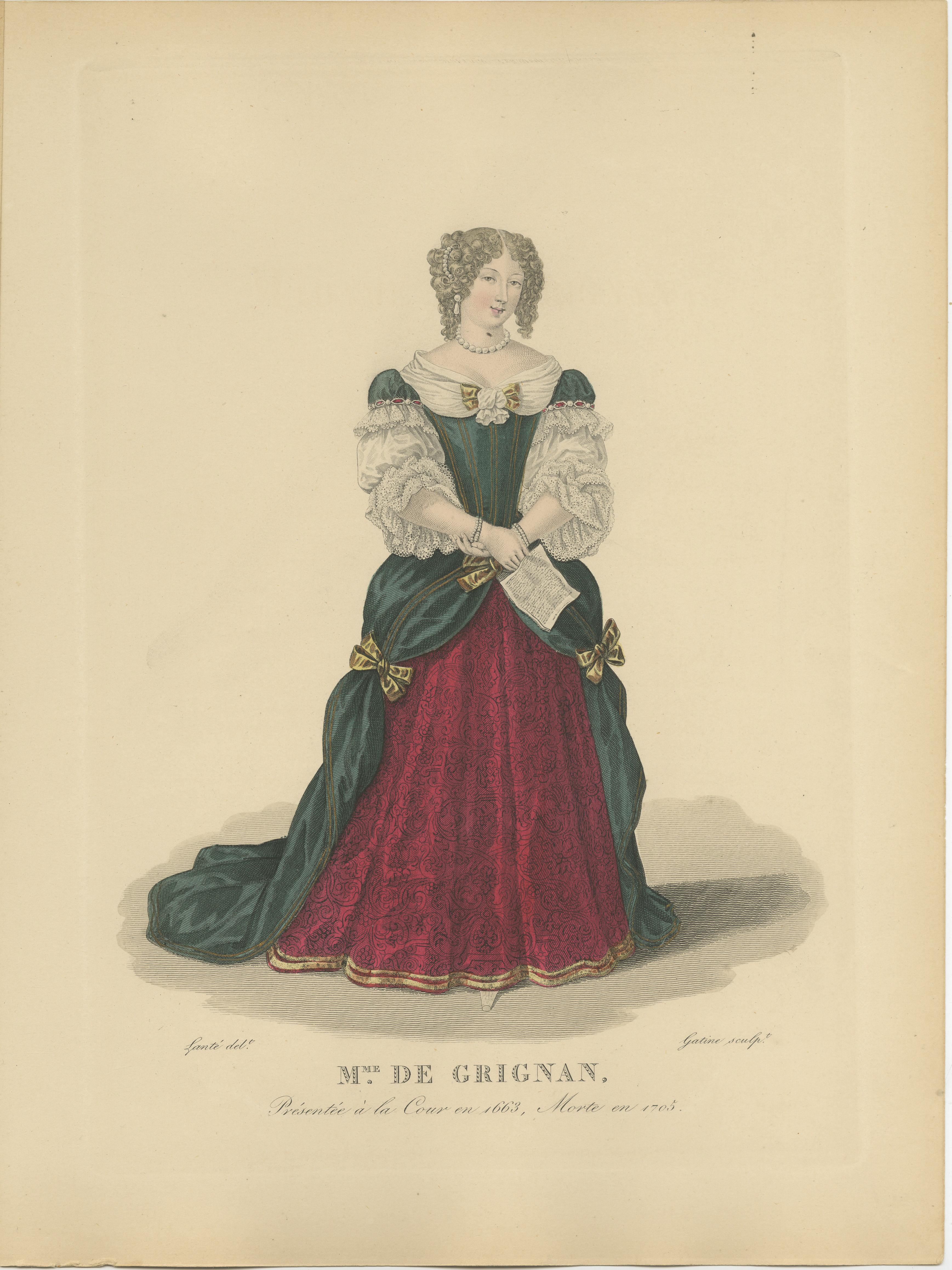 Handcolored Engraving of Françoise-marguerite De Sévigné, Countess of Grignan.  In Good Condition For Sale In Langweer, NL