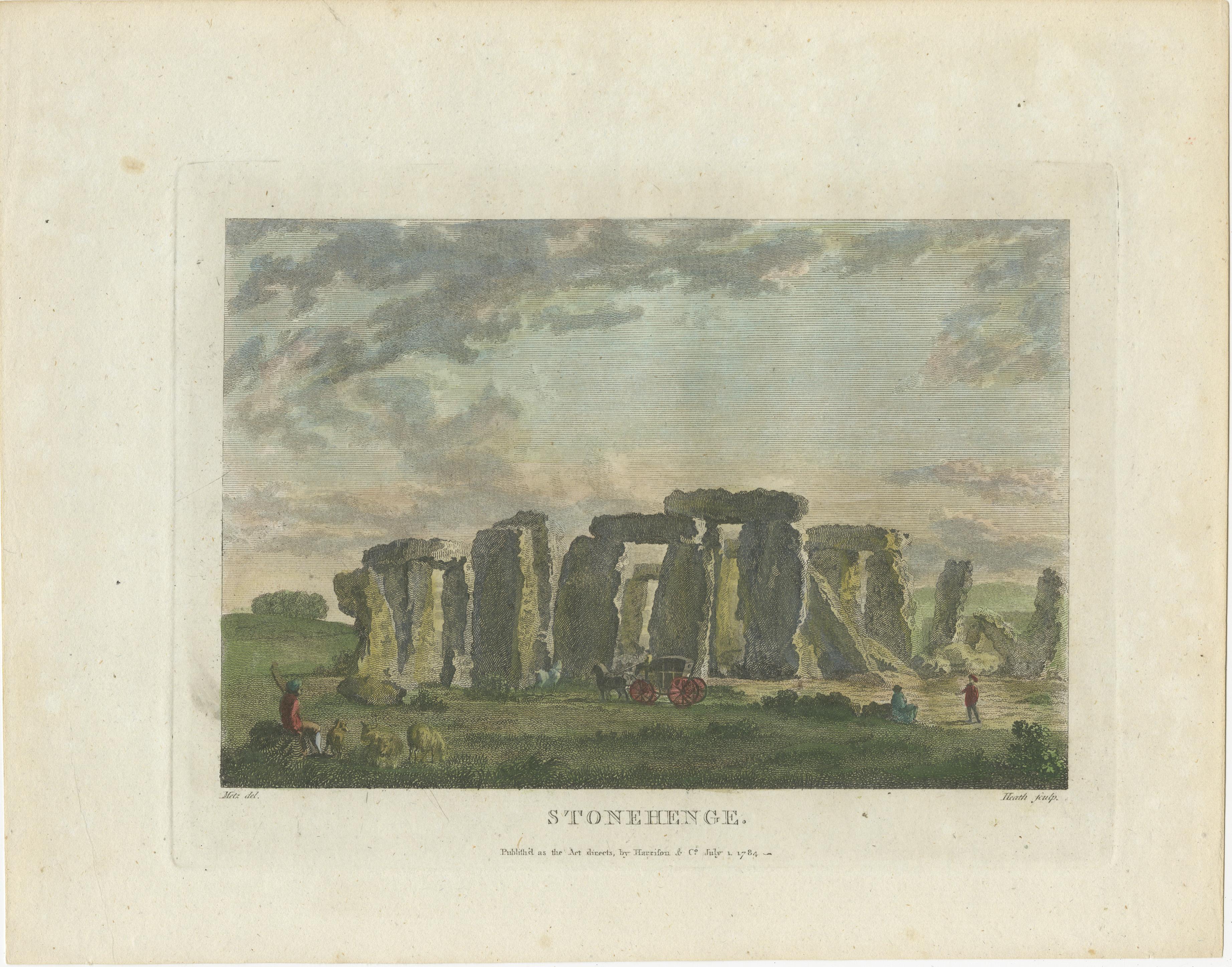 The print depicts Stonehenge, an iconic prehistoric monument located in Wiltshire, England. 

The image is a south view of Stonehenge, featuring a detailed etching and engraving of the ancient stone circle. In the scene, various human figures and