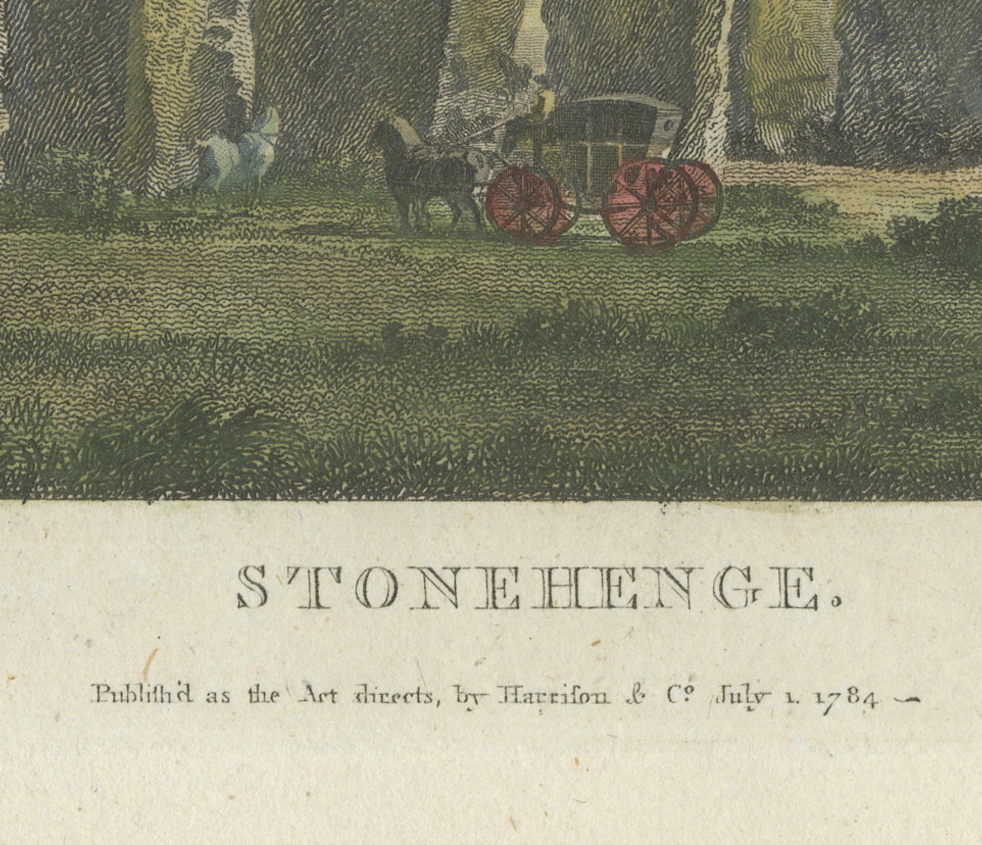 Late 18th Century Handcolored Engraving of Stonehenge: Pastoral Scene with Figures and Coach, 1784 For Sale