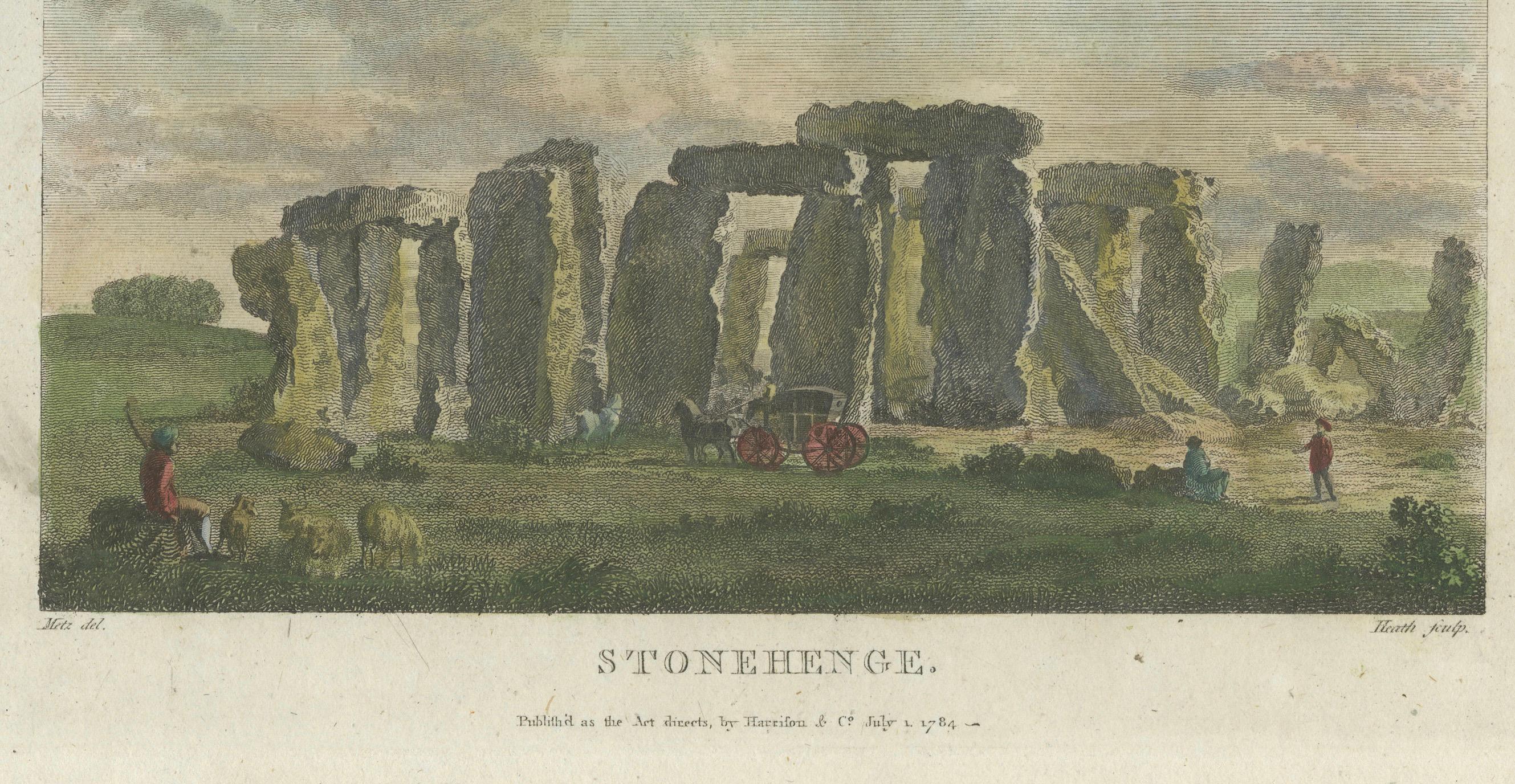 Paper Handcolored Engraving of Stonehenge: Pastoral Scene with Figures and Coach, 1784 For Sale