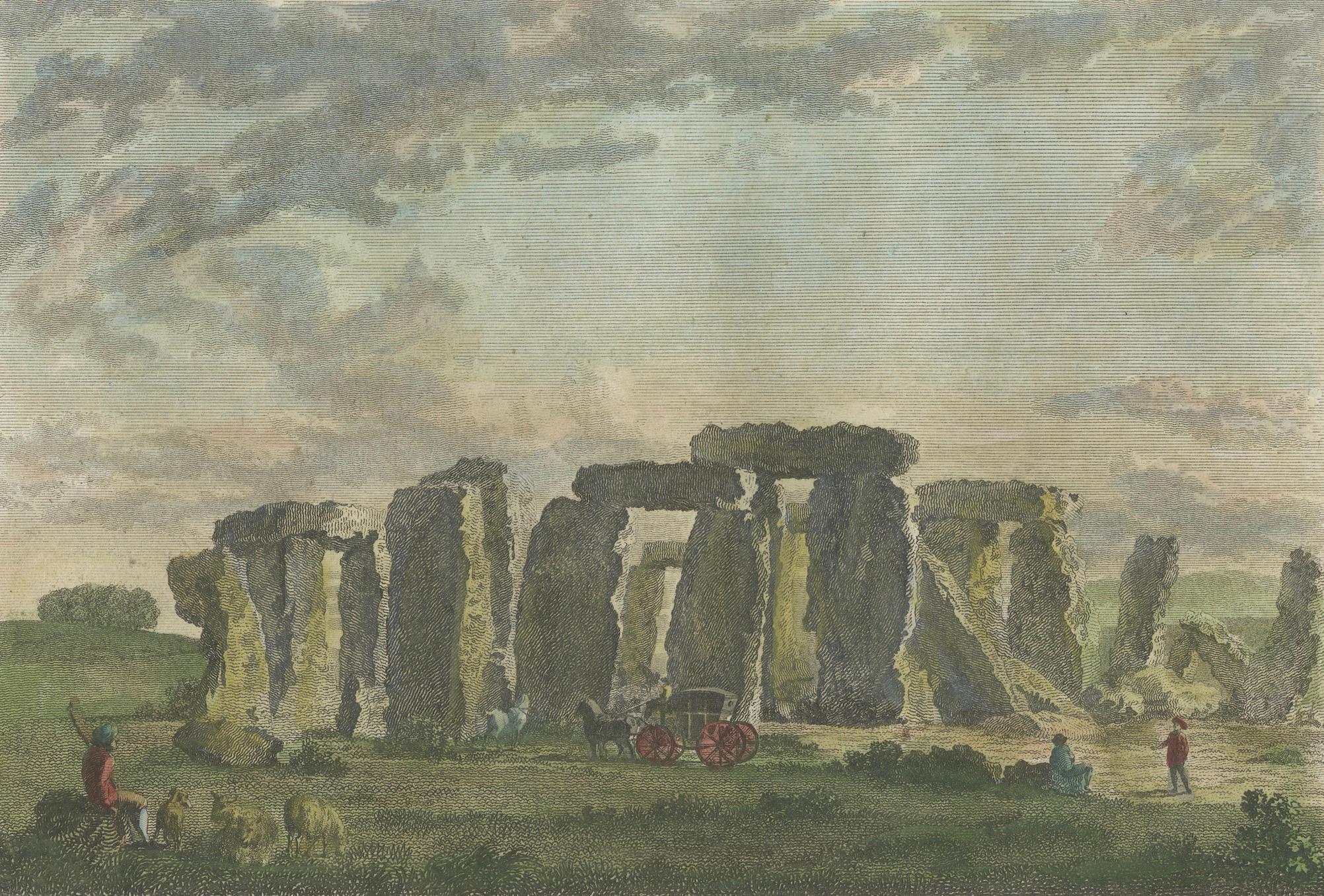 Handcolored Engraving of Stonehenge: Pastoral Scene with Figures and Coach, 1784 For Sale 1