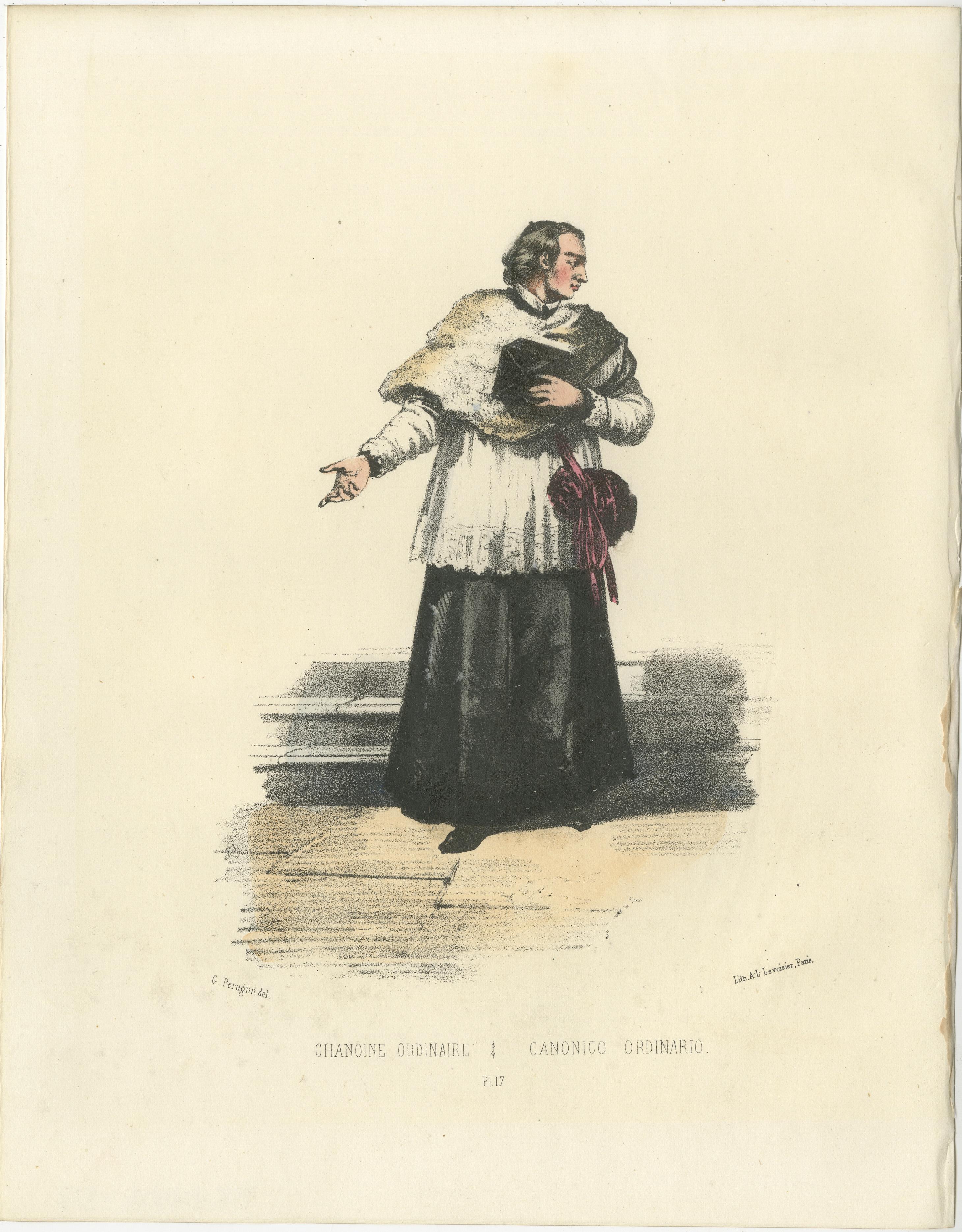 Handcolored Lithograph of Chanoine Ordinaire (Ordinary Canon), Plate 17, 1862  

This beautifully handcolored lithograph depicts a Chanoine Ordinaire (Ordinary Canon) and is Plate 17 from the 1862 edition of *Album ou Collection Complète, et