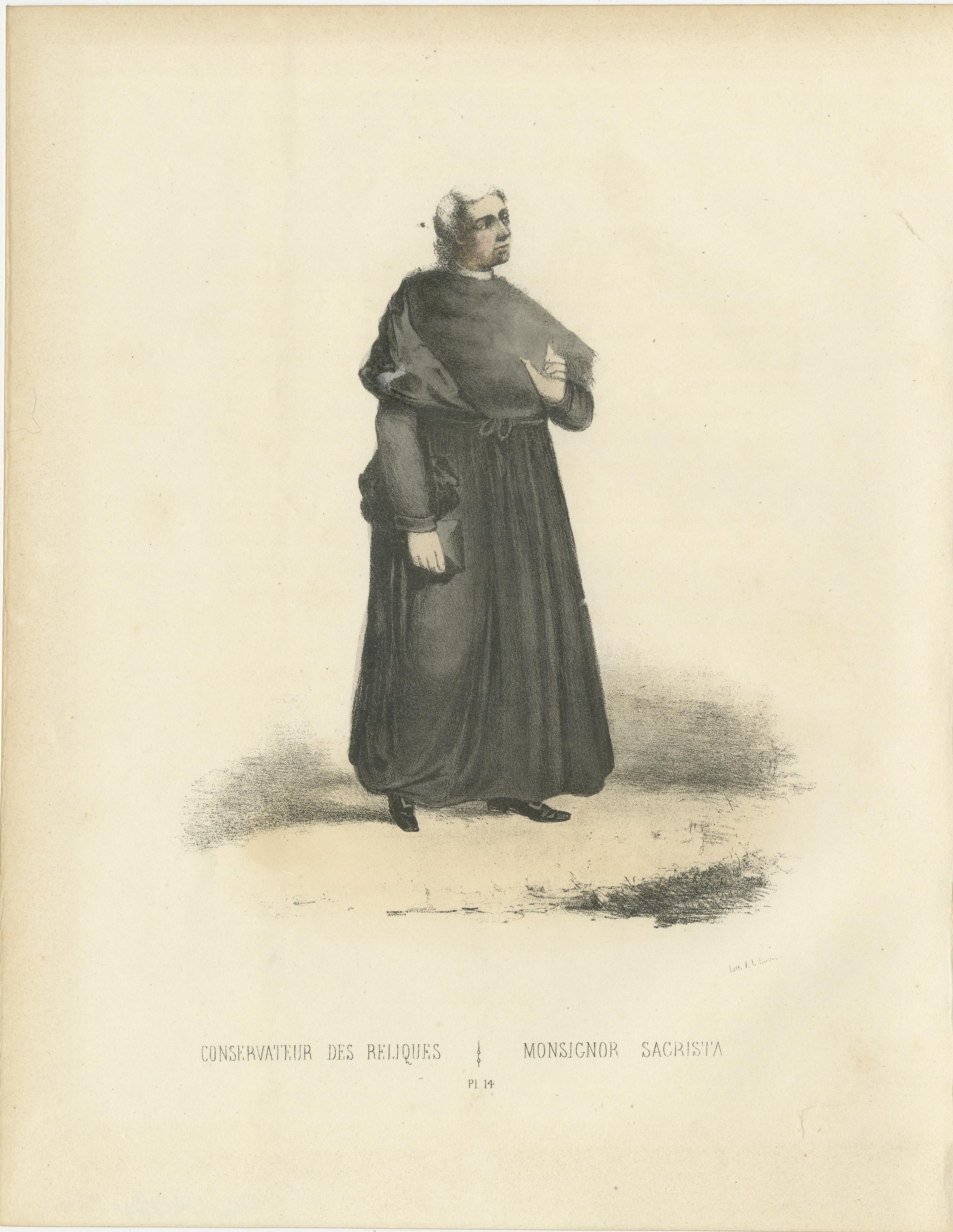 Handkolorierte Lithographie des Conservateur des Reliques (Reliquienwächter), Tafel 14, 1862  

Diese exquisite handkolorierte Lithografie mit dem Titel Conservateur des Reliques (Hüter der Reliquien) ist Tafel 14 aus der zweiten Ausgabe von Album