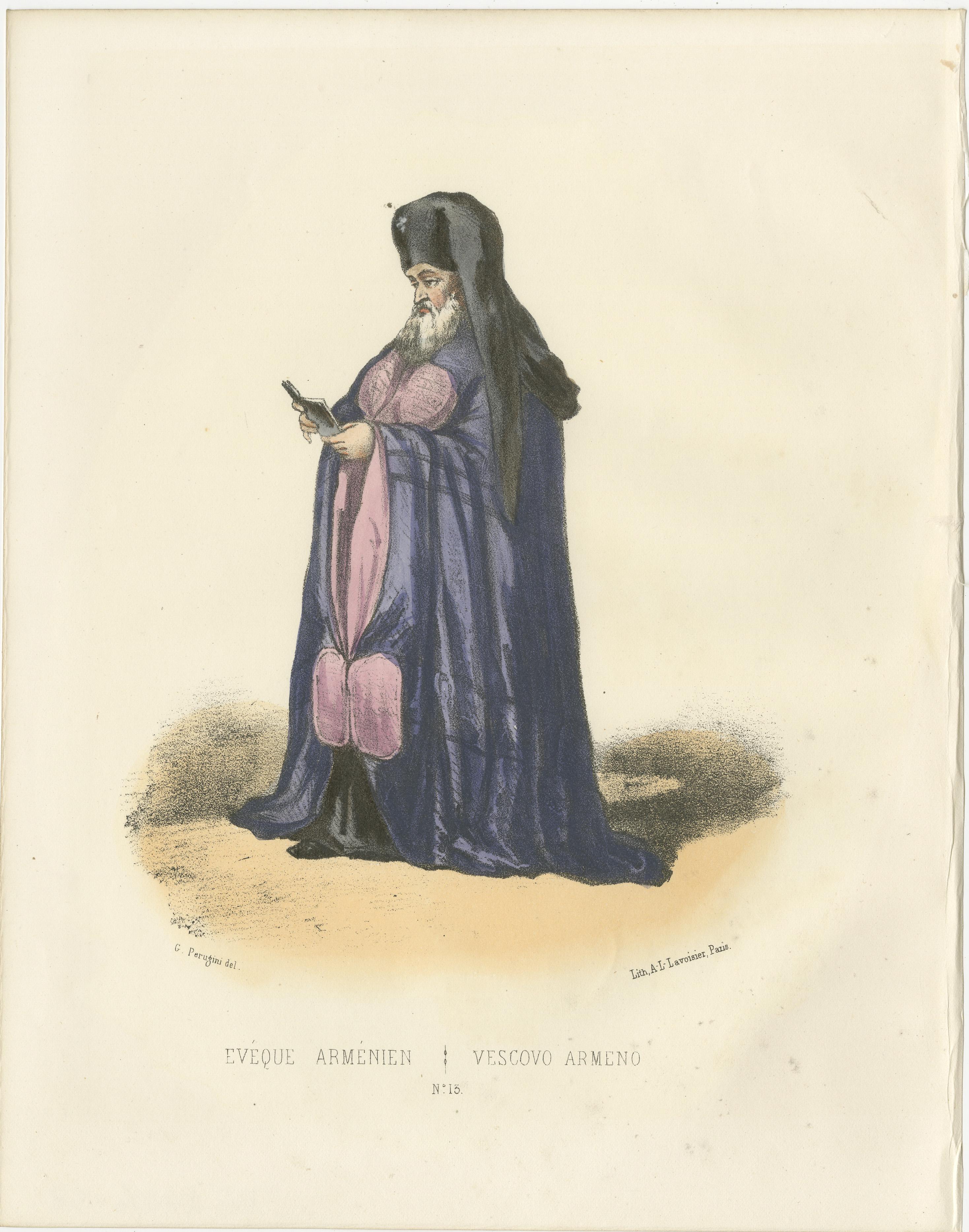 Handkolorierte Lithografie von Évêque Arménien (armenischer Bischof), Tafel 15, 1862  
  
Diese exquisite handkolorierte Lithografie zeigt einen armenischen Bischof (Évêque Arménien) und ist Tafel 15 aus dem berühmten 1862 erschienenen *Album ou