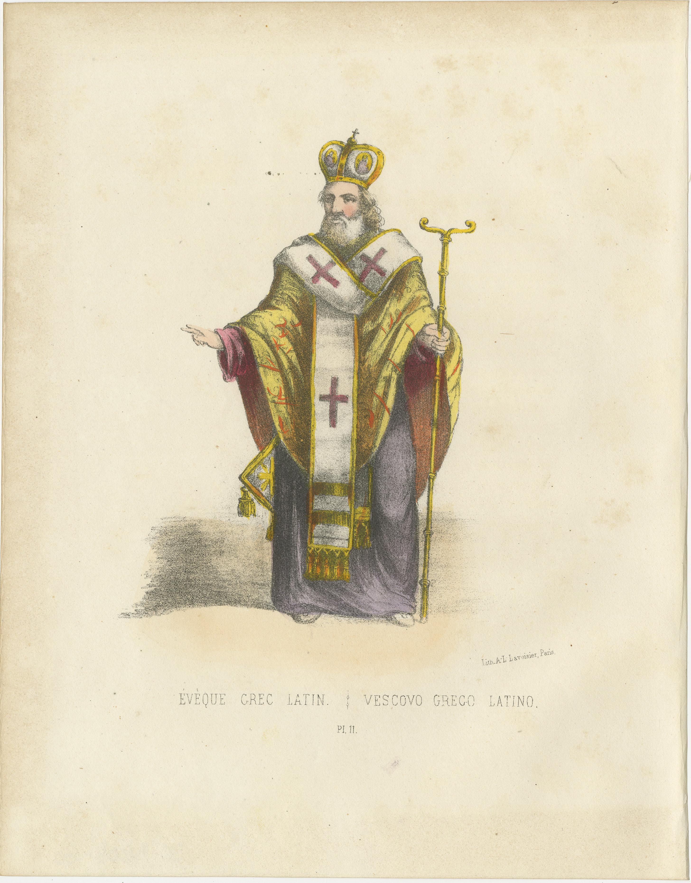 Handkolorierte Lithographie von Évêque Grec Latin (Griechisch-Lateinischer Bischof), Tafel 11, 1862  


Eine prächtige handkolorierte Lithographie, die einen griechisch-lateinischen Bischof in vollem Ornat zeigt, Tafel 11 aus *Album ou Collection
