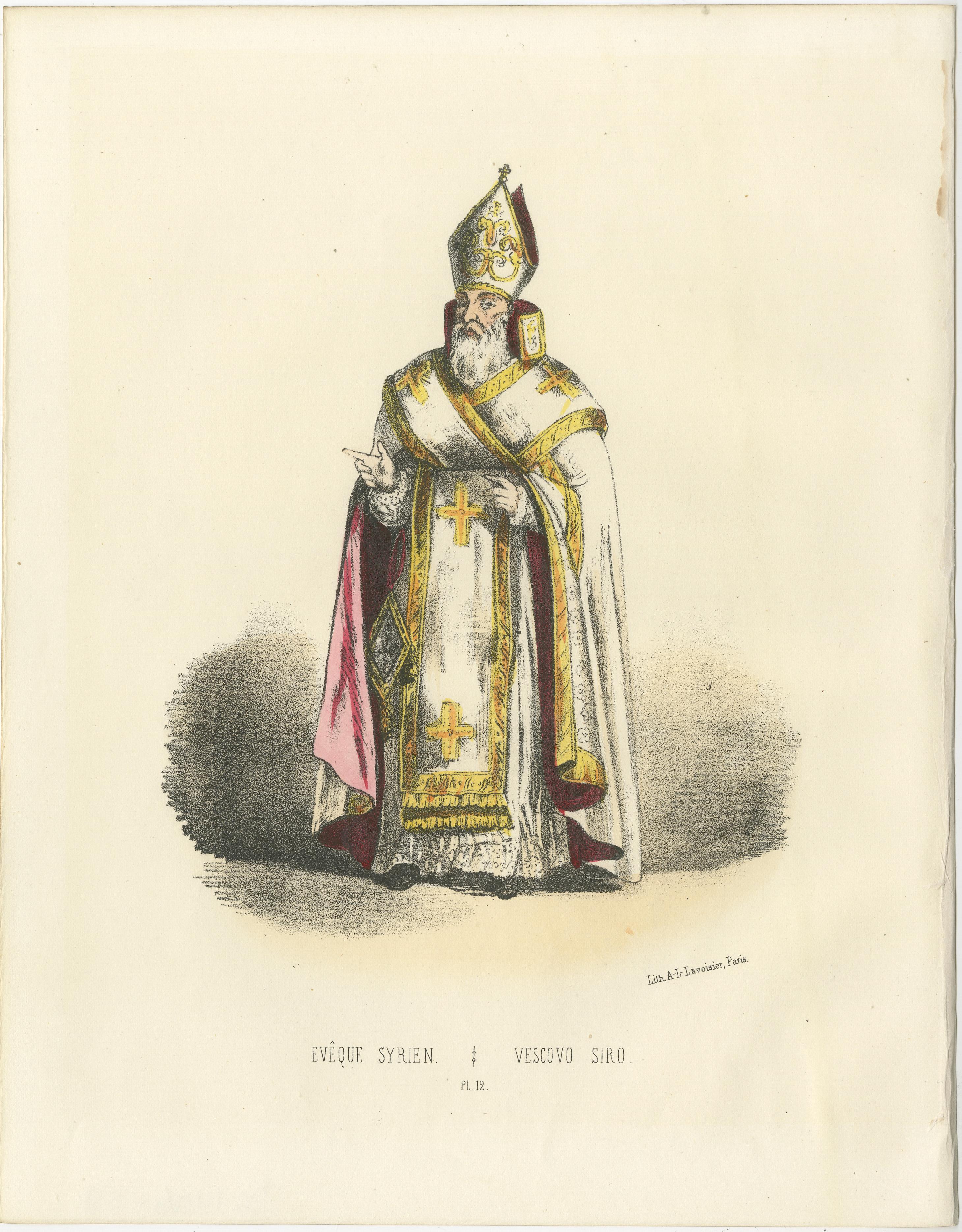 Handkolorierte Lithografie des Évêque Syrien (Syrischer Bischof), Tafel 12, 1862  

Diese detailreiche handkolorierte Lithografie zeigt einen syrischen Bischof (Évêque Syrien) in feierlichen Gewändern, die die kirchlichen Traditionen der syrischen