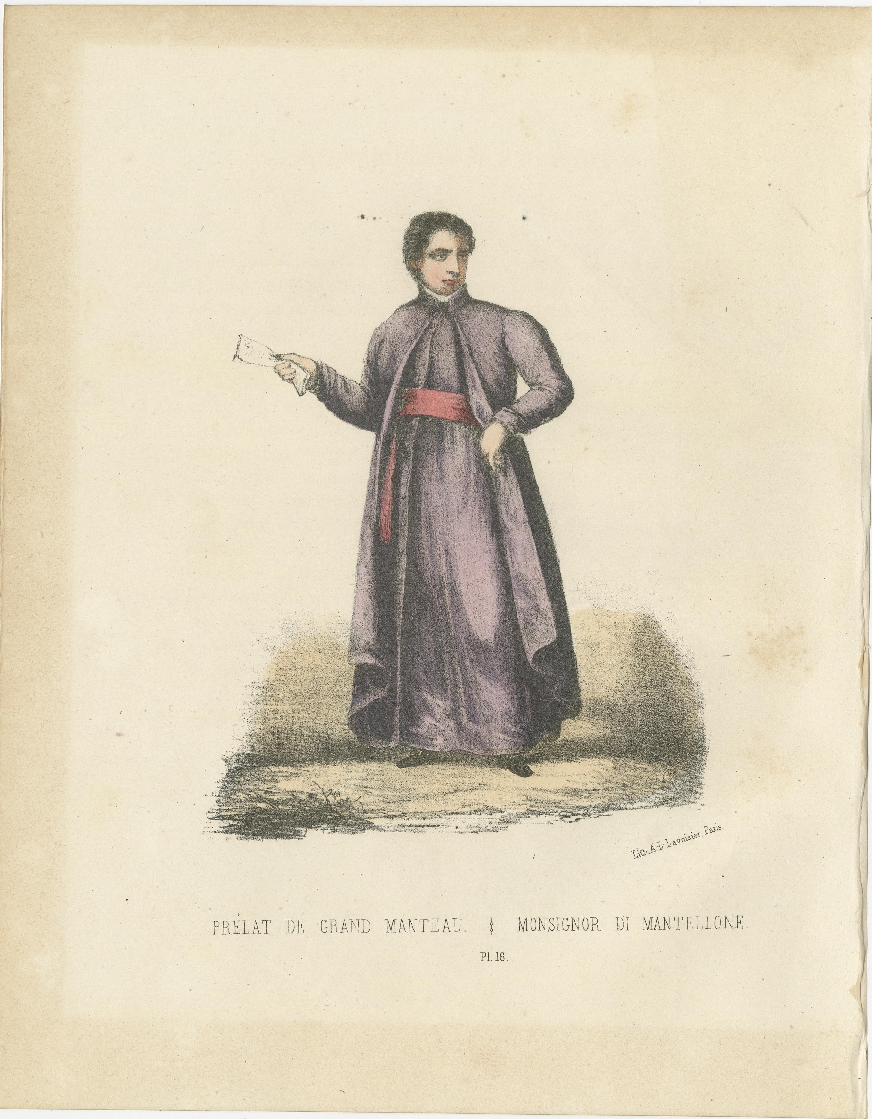 Handcolored Lithograph of Prélat de Grand Manteau (High-Ranking Prelate), Plate 16, 1862  

This handcolored lithograph, Prélat de Grand Manteau (High-Ranking Prelate), is Plate 16 from the 1862 second edition of Album ou Collection Complète, et