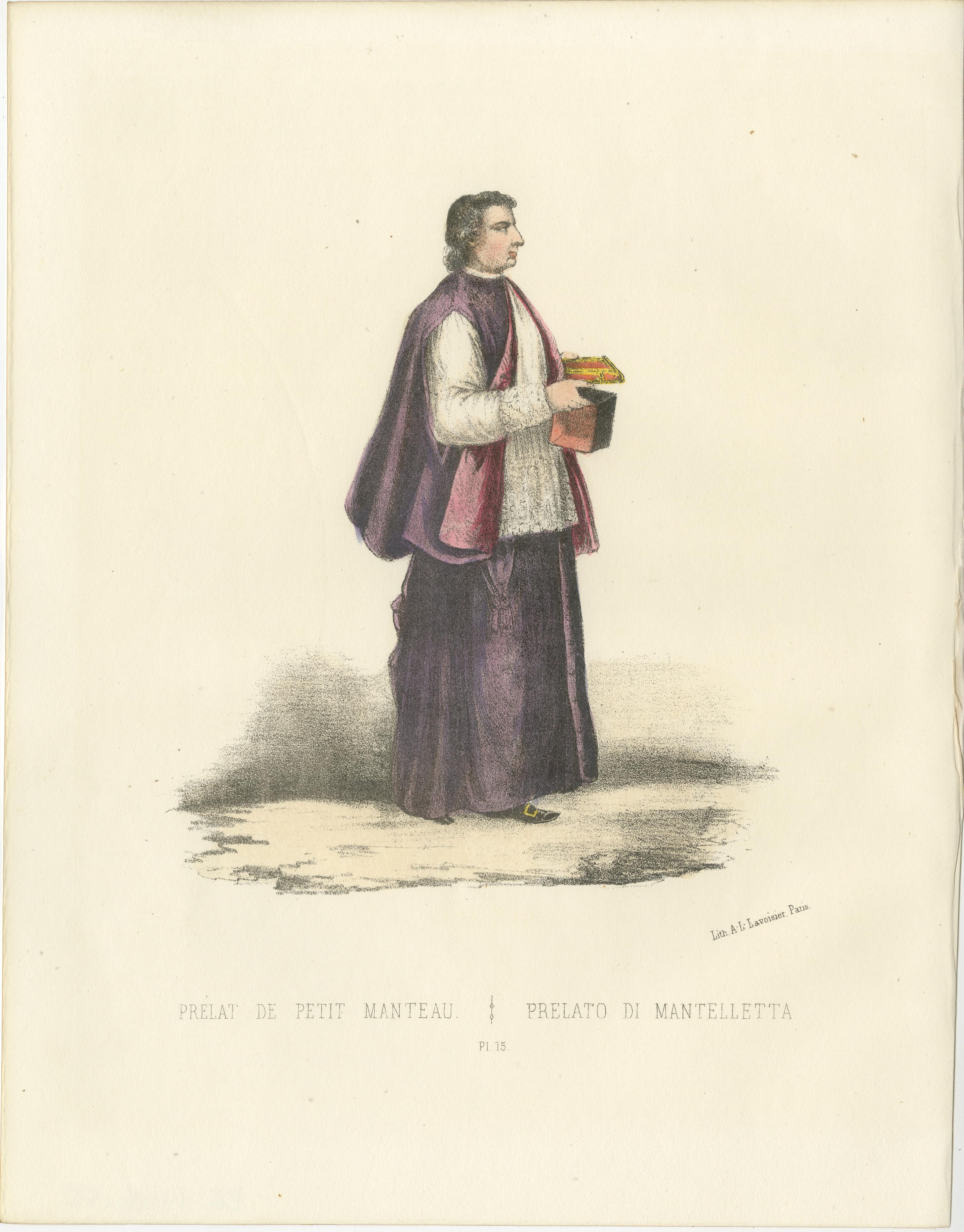 Handkolorierte Lithographie von Prélat de Petit Manteau (Prälat in Mantelletta), Tafel 15, 1862  

Diese handkolorierte Lithographie des Prélat de Petit Manteau (Prälat in Mantelletta) ist Tafel 15 aus der zweiten Ausgabe von Album ou Collection