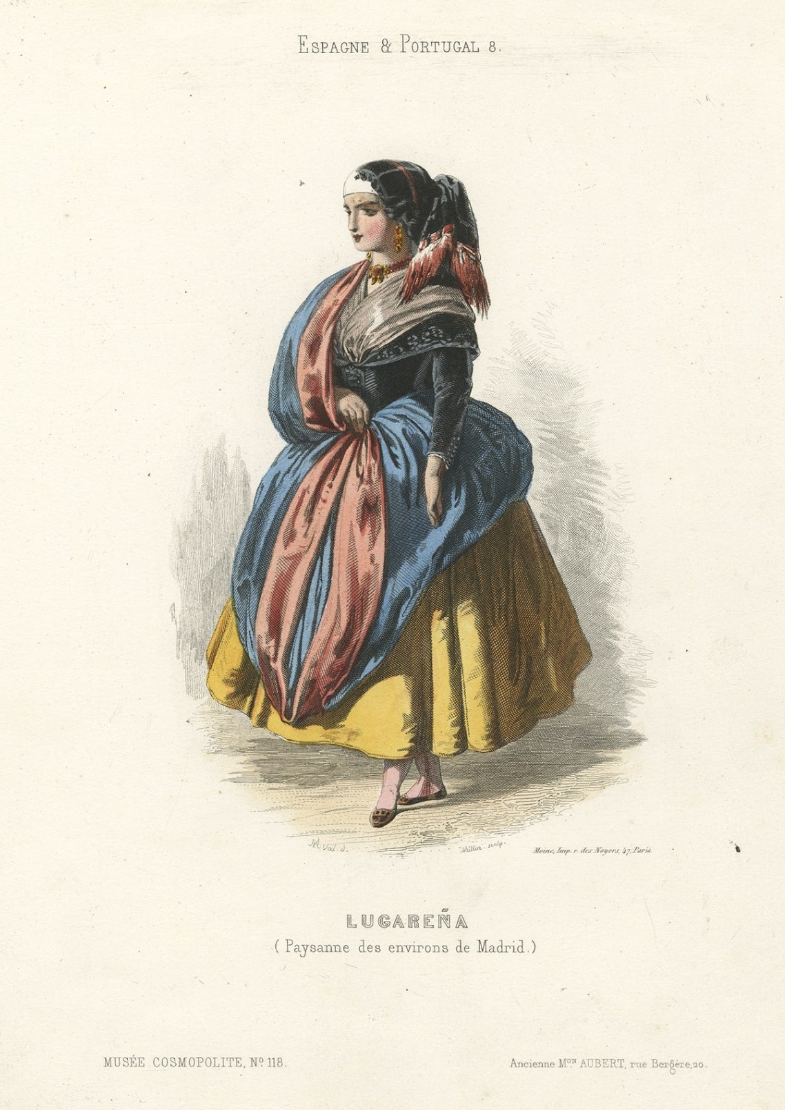 Antique costume print titled 'Lugarena (Paysanne des Environs de Madrid)'. Old print depicting a farmer's wife from the region of Madrid, Spain. This print originates from 'Costumes Moderne (Musée de Costumes). 

Artists and Engravers: Published