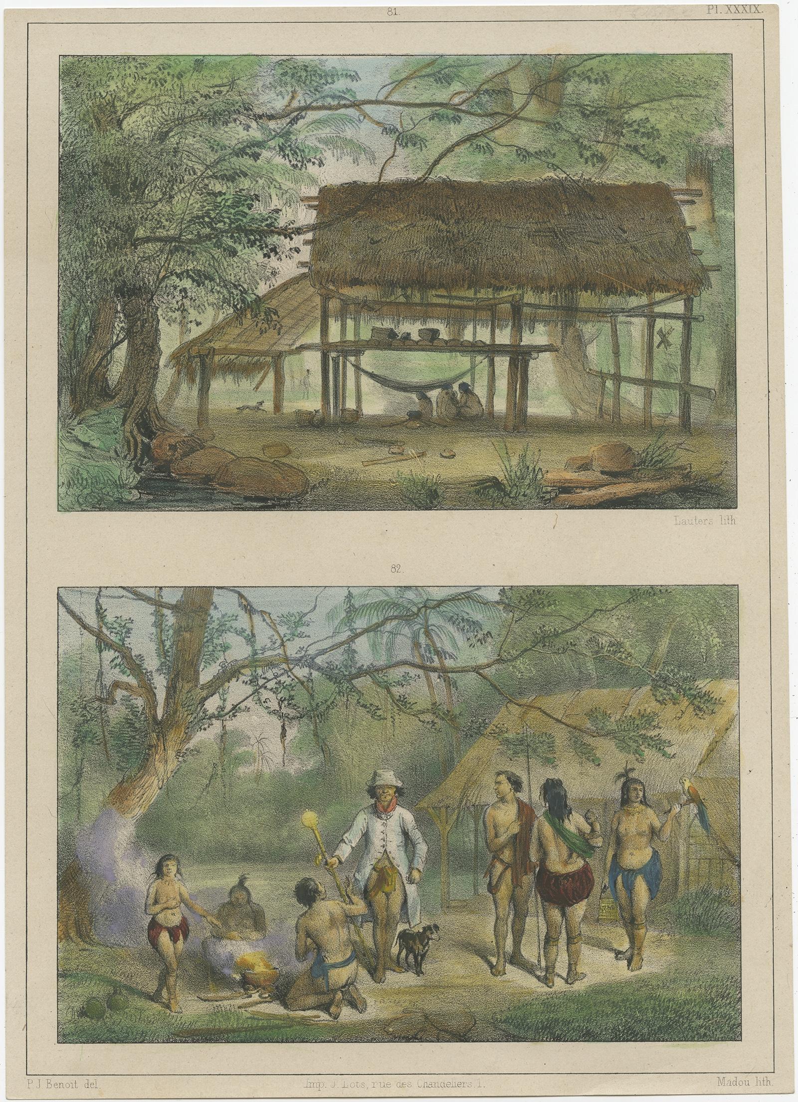 Antique print titled '81. Un Carbet. 82. Une famille'. 

Tinted crayon style lithograph on chine-collee (thin china paper) on wove (vellin) paper. It depicts a home for slaves and a slave family. This print originates from 'Voyage a Surinam.