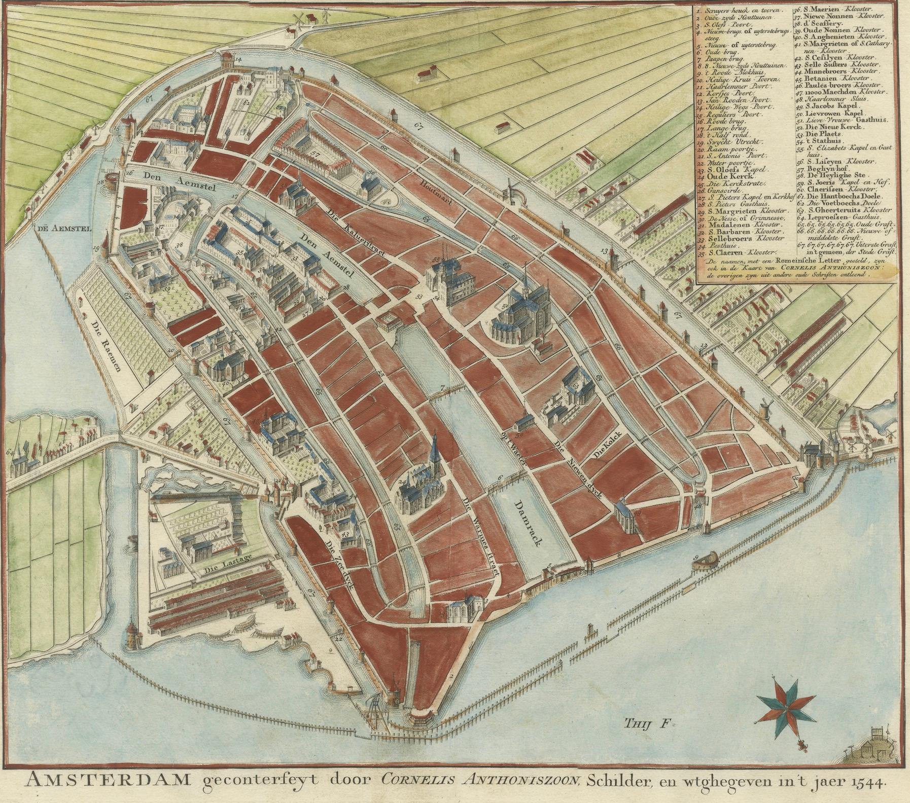 Handcoloured Engraved Map of Amsterdam, Published in ca.1760 In Good Condition For Sale In Langweer, NL