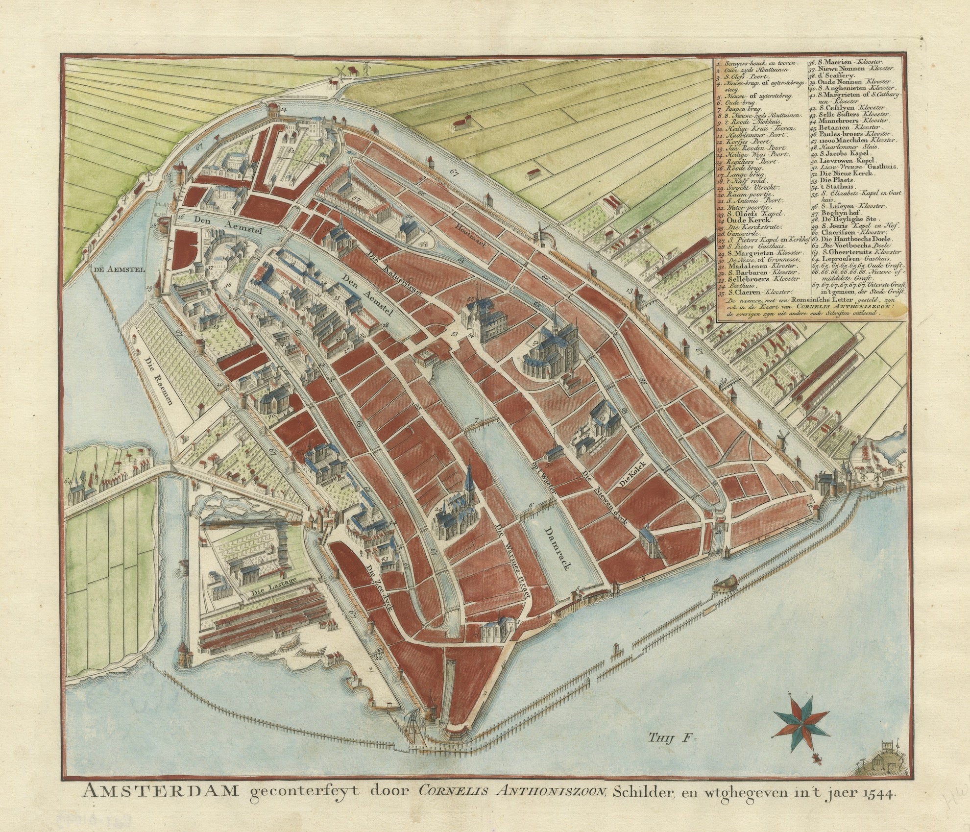 Carte gravée à la main d'Amsterdam, publiée vers 1760