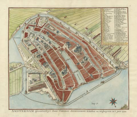 Handcoloured Engraved Map of Amsterdam, Published in ca.1760