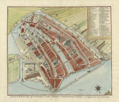 Mapa de Amsterdam grabado a mano, publicado hacia 1760