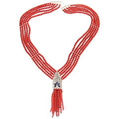 Handcraft 14 Karat Gold Platinum Diamonds Sapphires Sardinia Coral Necklace