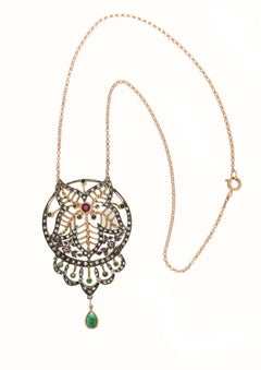 Handcrafted 14K Gold Silver Necklace with Diamonds, Emeralds, Ruby