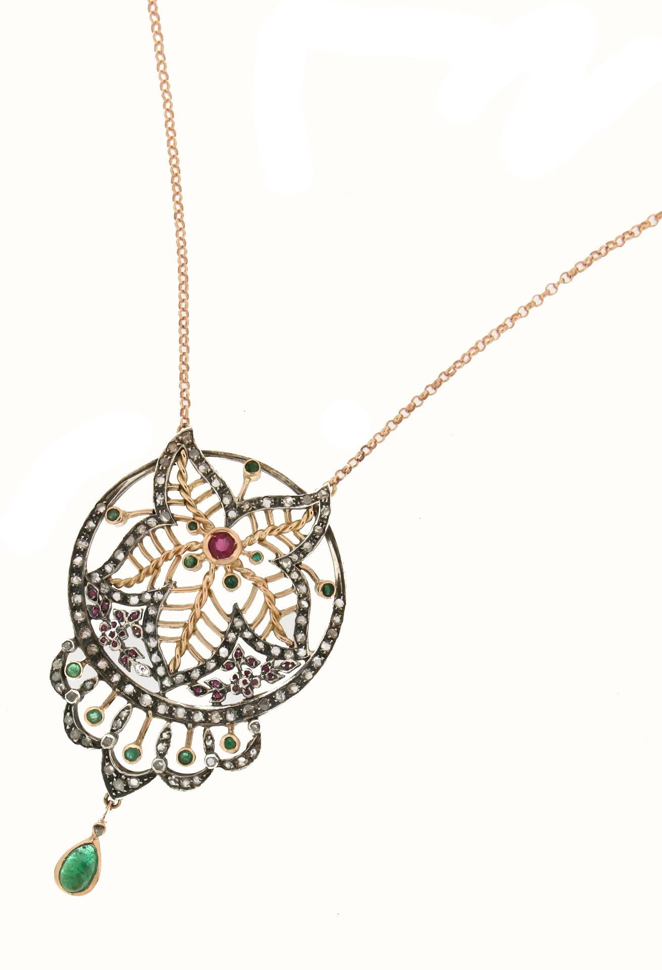 Retro Handcraft 14 Karat Gold Silver Diamonds Emeralds Ruby Necklace For Sale