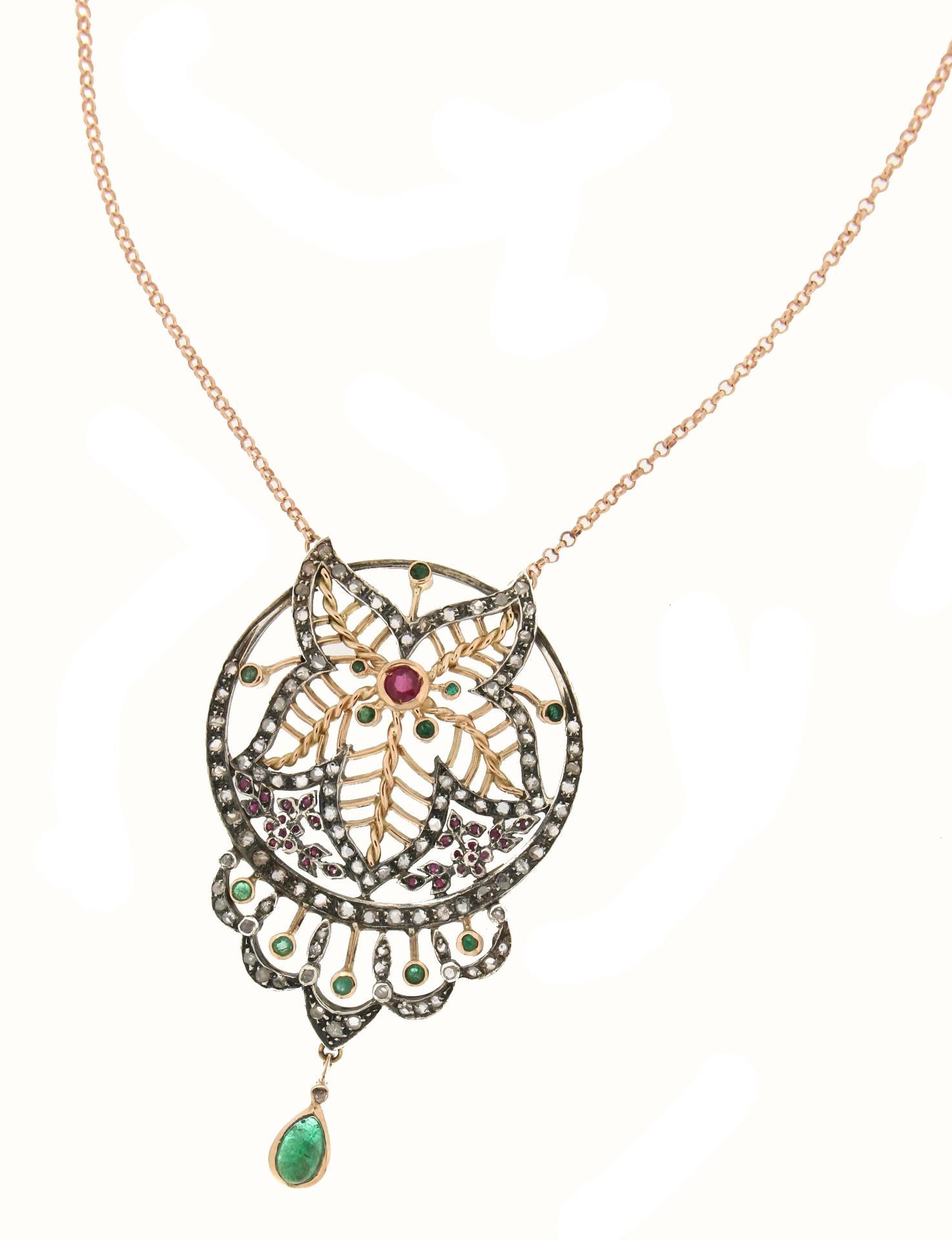 Rose Cut Handcraft 14 Karat Gold Silver Diamonds Emeralds Ruby Necklace For Sale