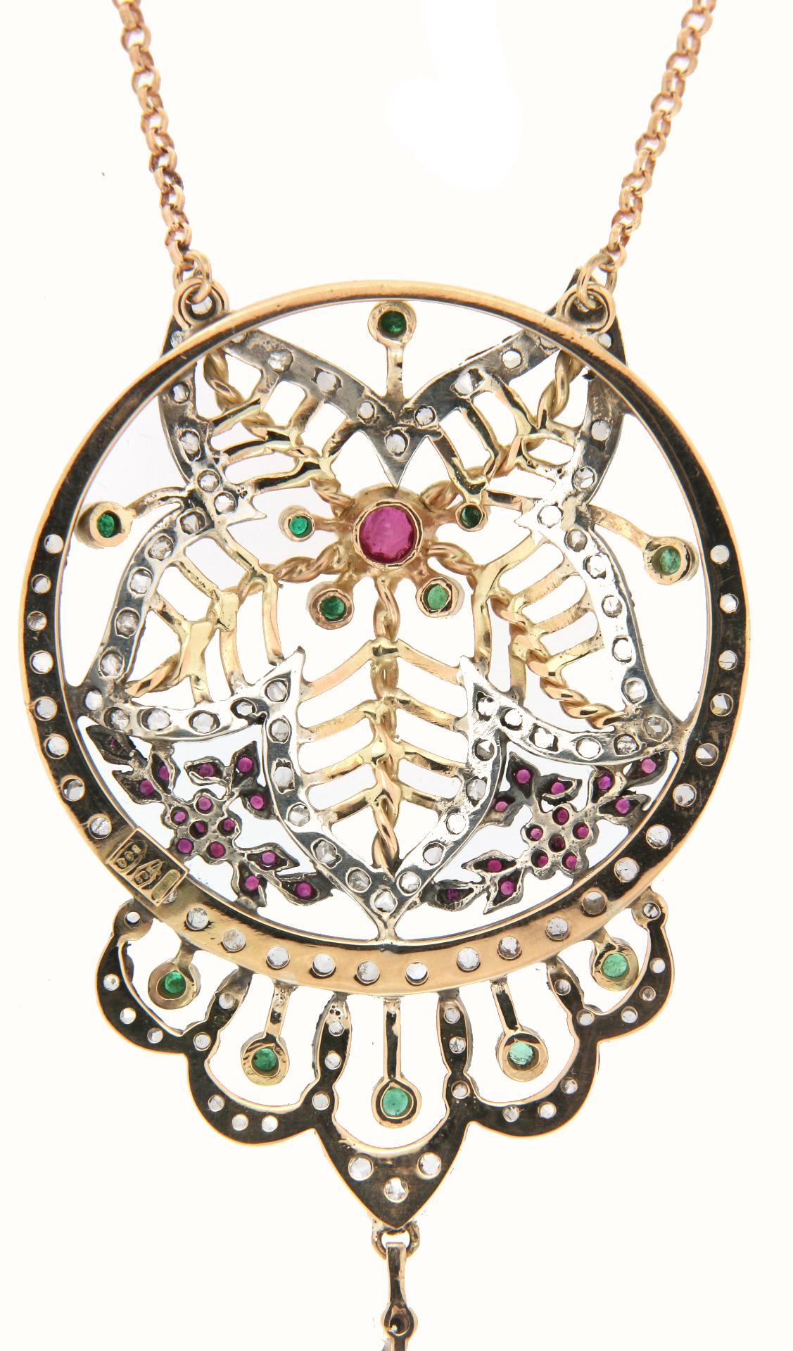 Handcraft 14 Karat Gold Silver Diamonds Emeralds Ruby Necklace In New Condition For Sale In Marcianise, IT
