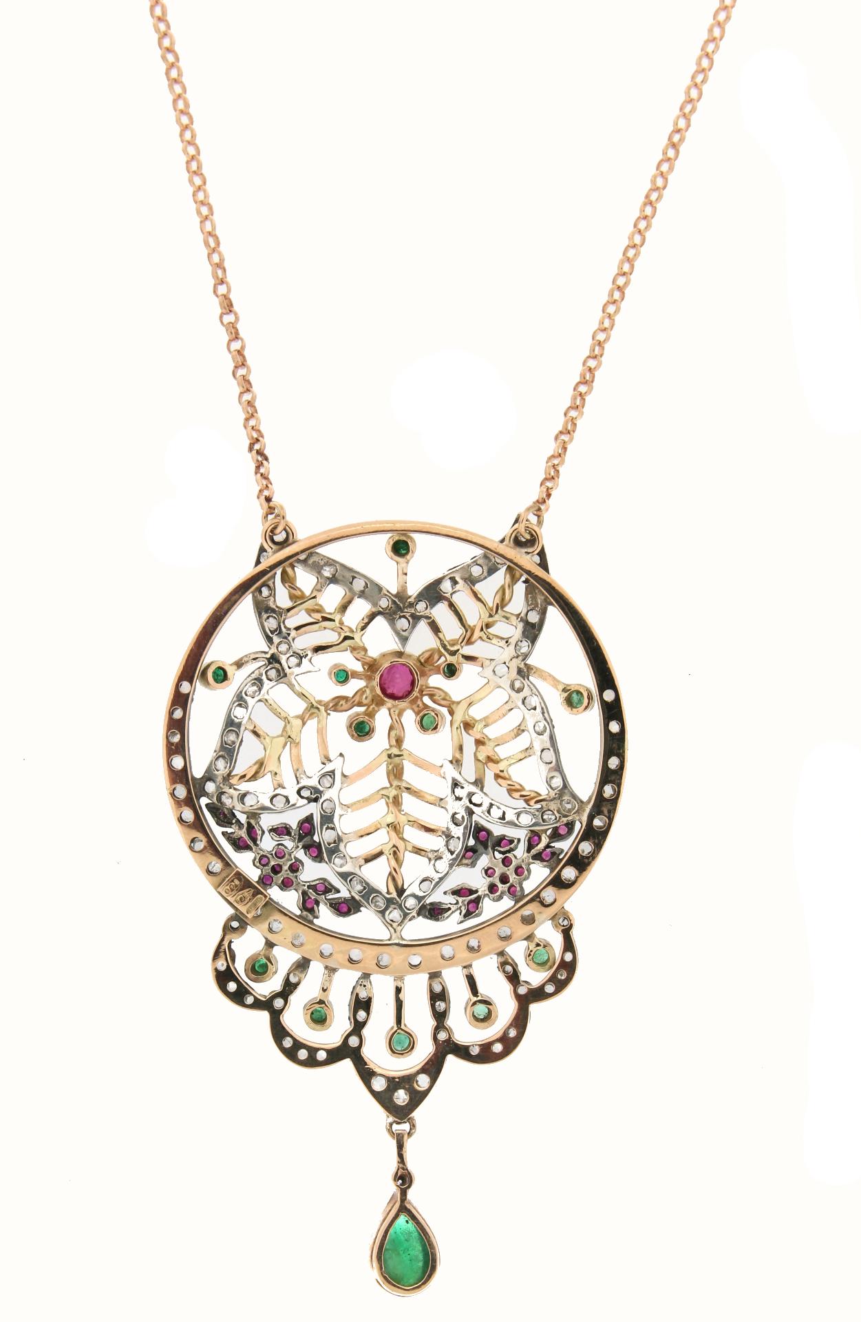 Women's Handcraft 14 Karat Gold Silver Diamonds Emeralds Ruby Necklace For Sale