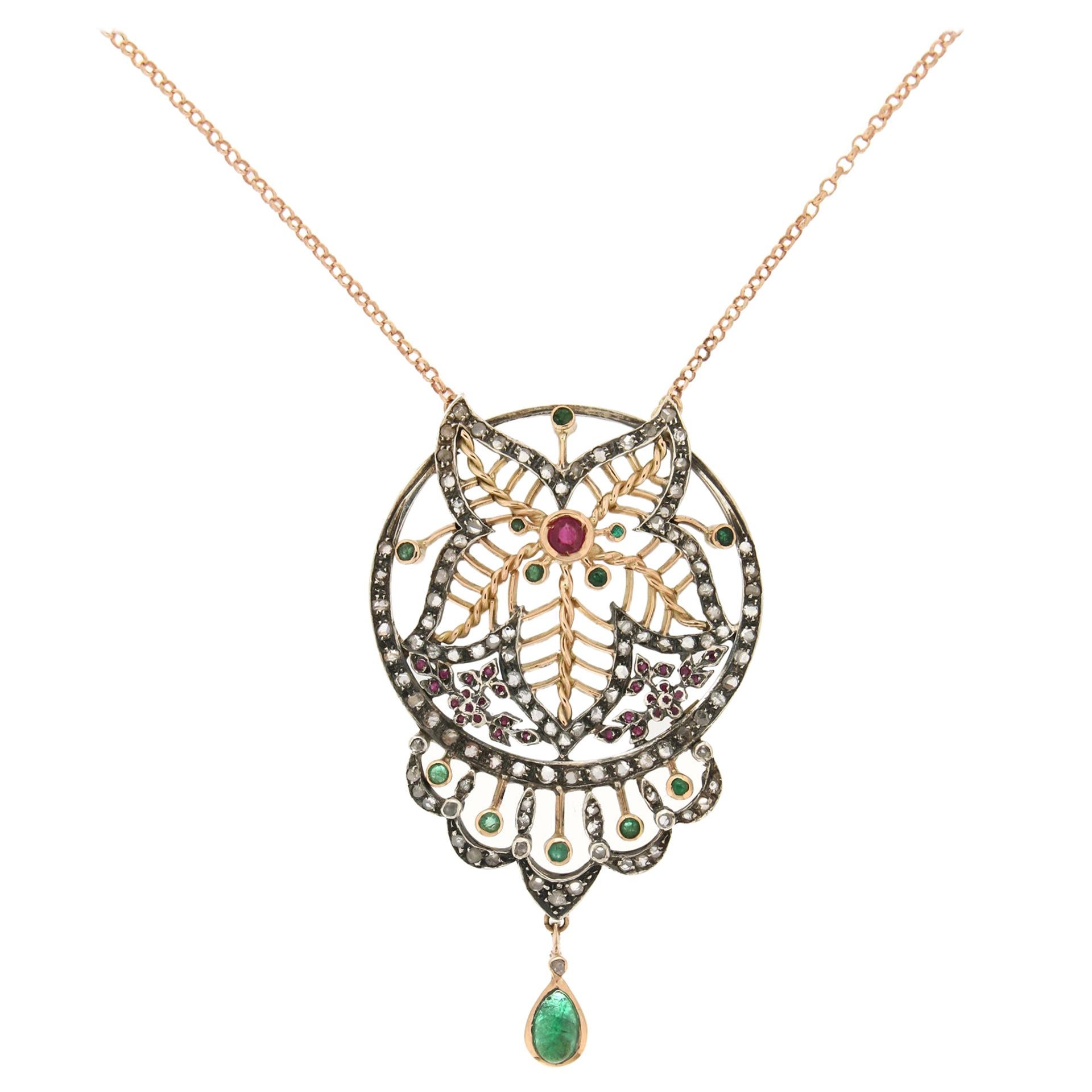 Handcraft 14 Karat Gold Silver Diamonds Emeralds Ruby Necklace For Sale