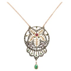 Retro Handcraft 14 Karat Gold Silver Diamonds Emeralds Ruby Necklace