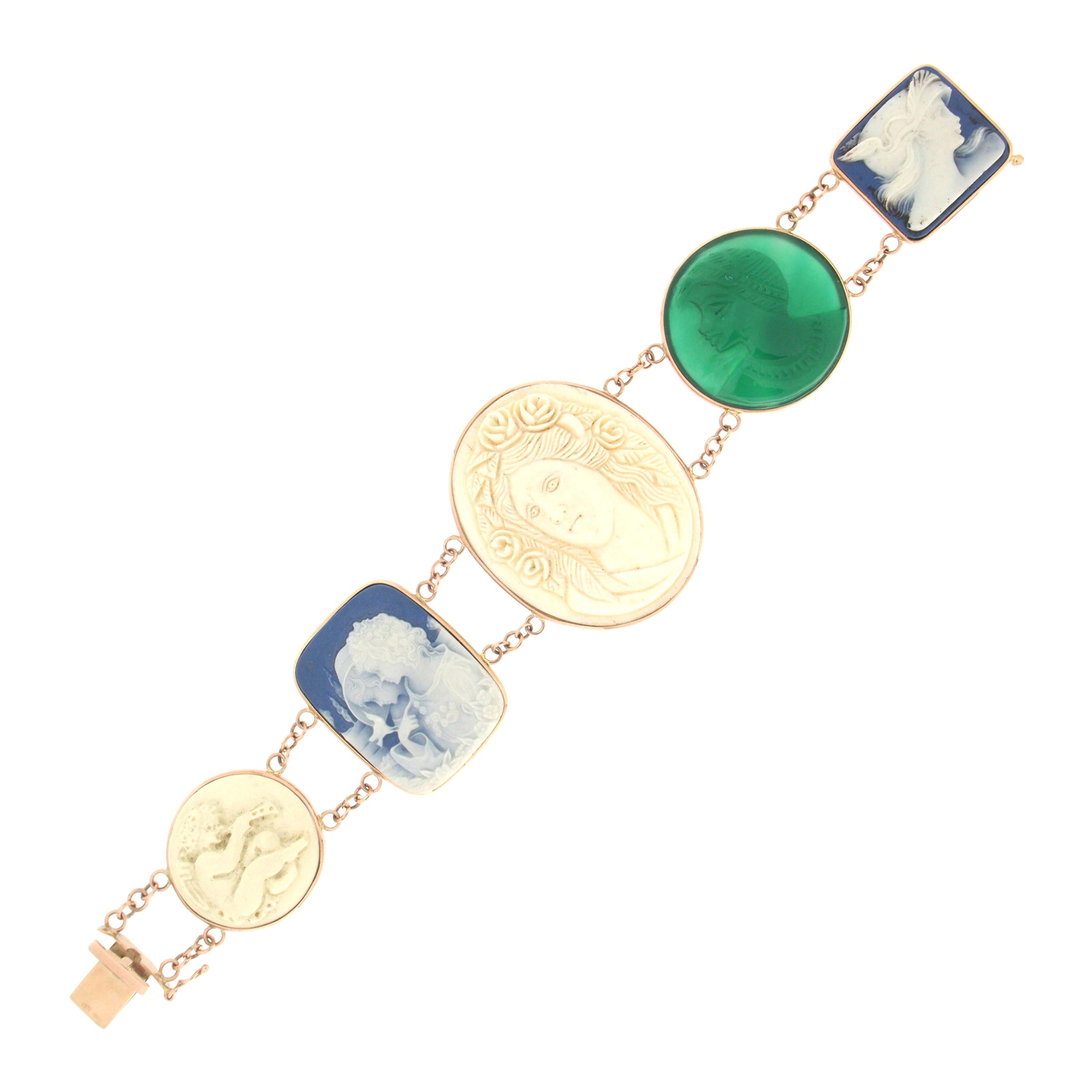 Handcraft 14 Karat Yellow Gold Agate Retro Bracelet For Sale