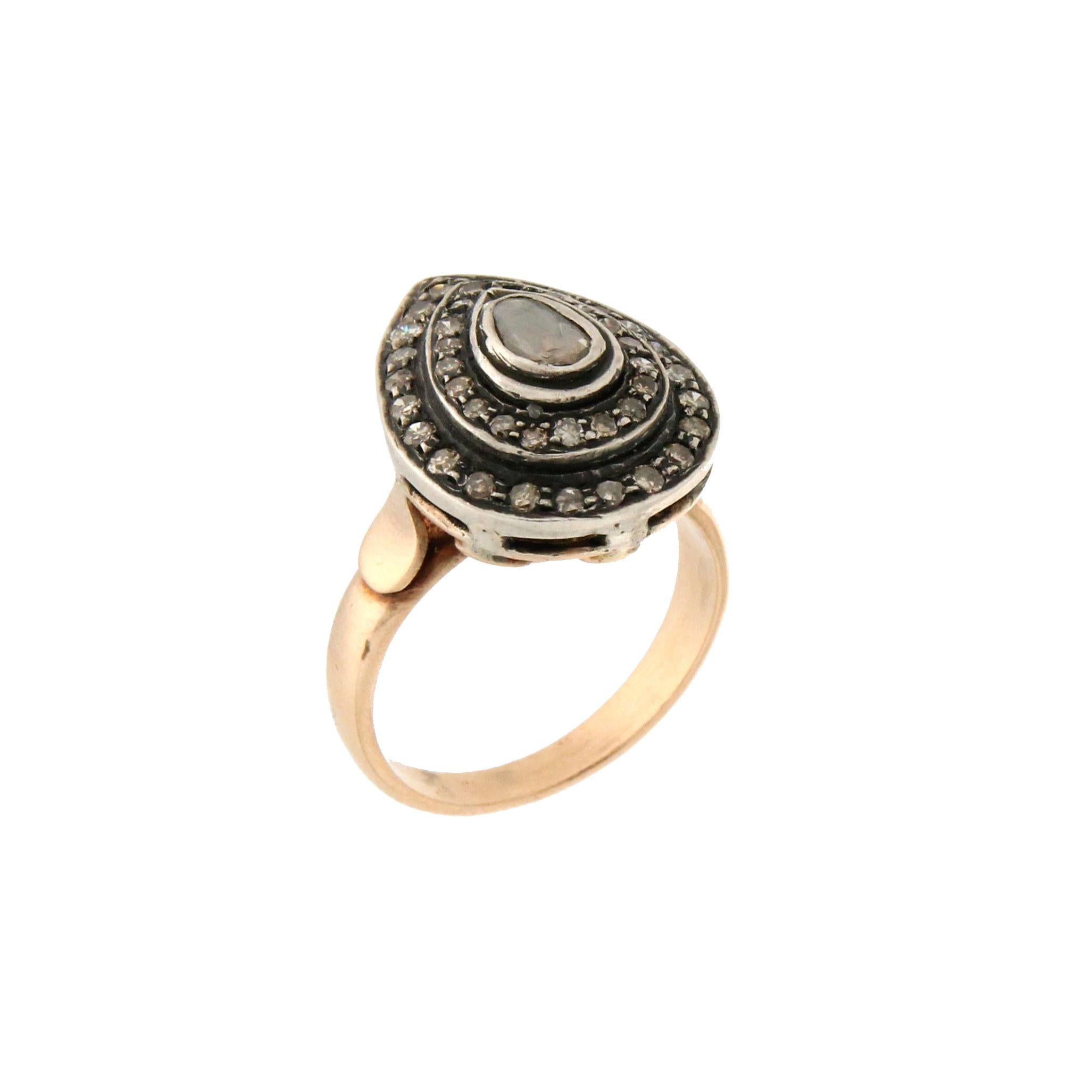 Artisan Handcraft 14 Karat Yellow Gold and Silver Diamonds Cocktail Ring For Sale