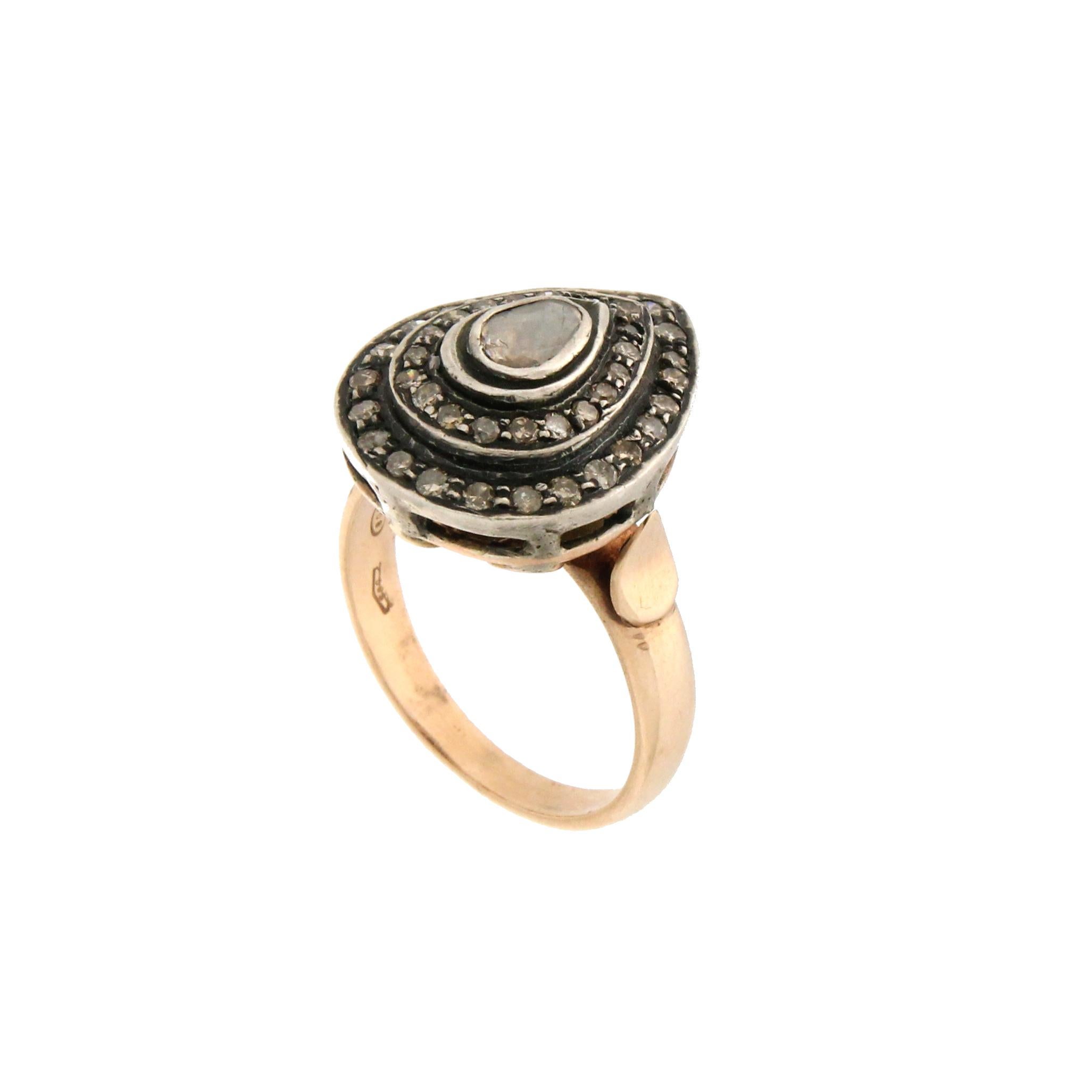 Rose Cut Handcraft 14 Karat Yellow Gold and Silver Diamonds Cocktail Ring For Sale